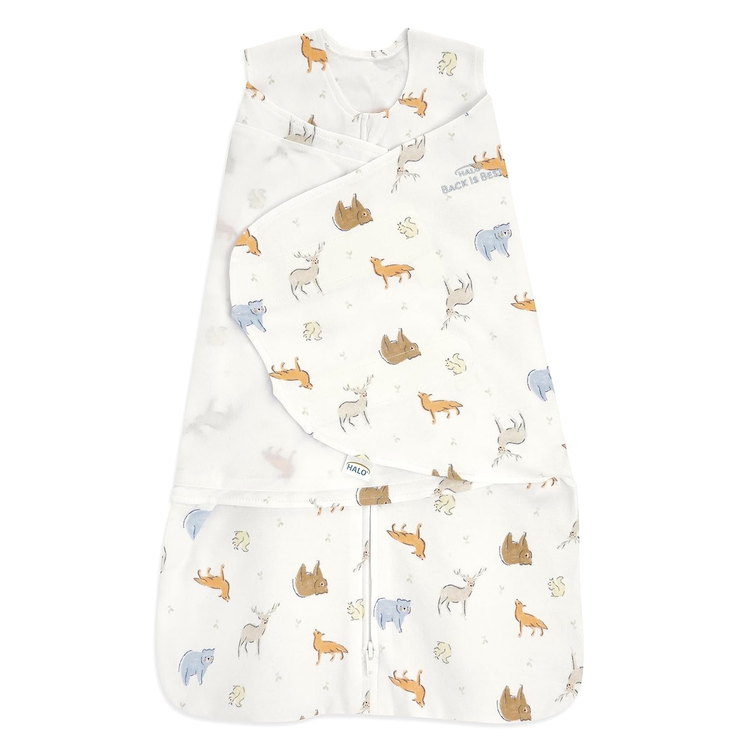 HALO 100% Cotton Sleepsack Swaddle, 3-Way Adjustable Wearable Blanket, TOG 1.5, Forest Friends, Newborn, 0-3 Months