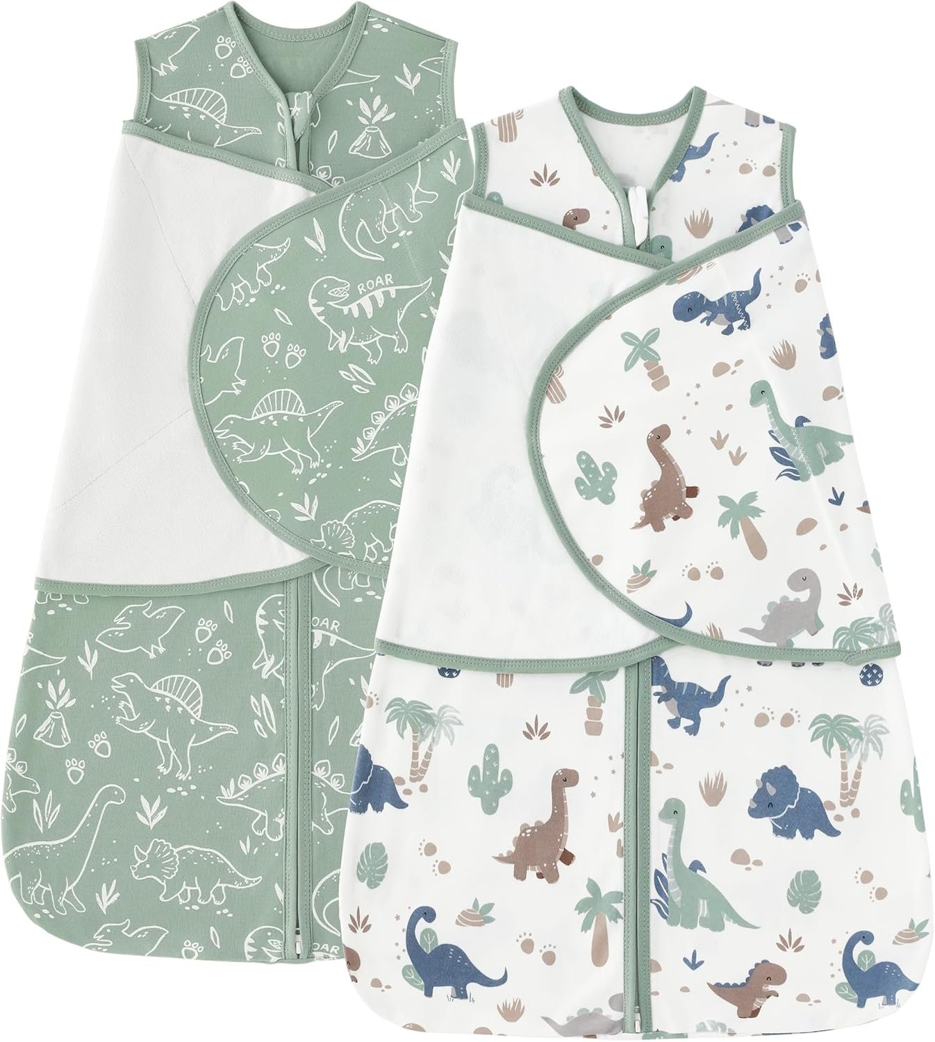 Baby Swaddle Sleep Sack 0-3 Months, Cotton Swaddles for Newborns Boys Girls, 2-Way Zipper Transitional Infant Wearable Swaddling Blanket with Quiet Closure, 0.5 TOG 2 Pack Soft Green Dinosaur