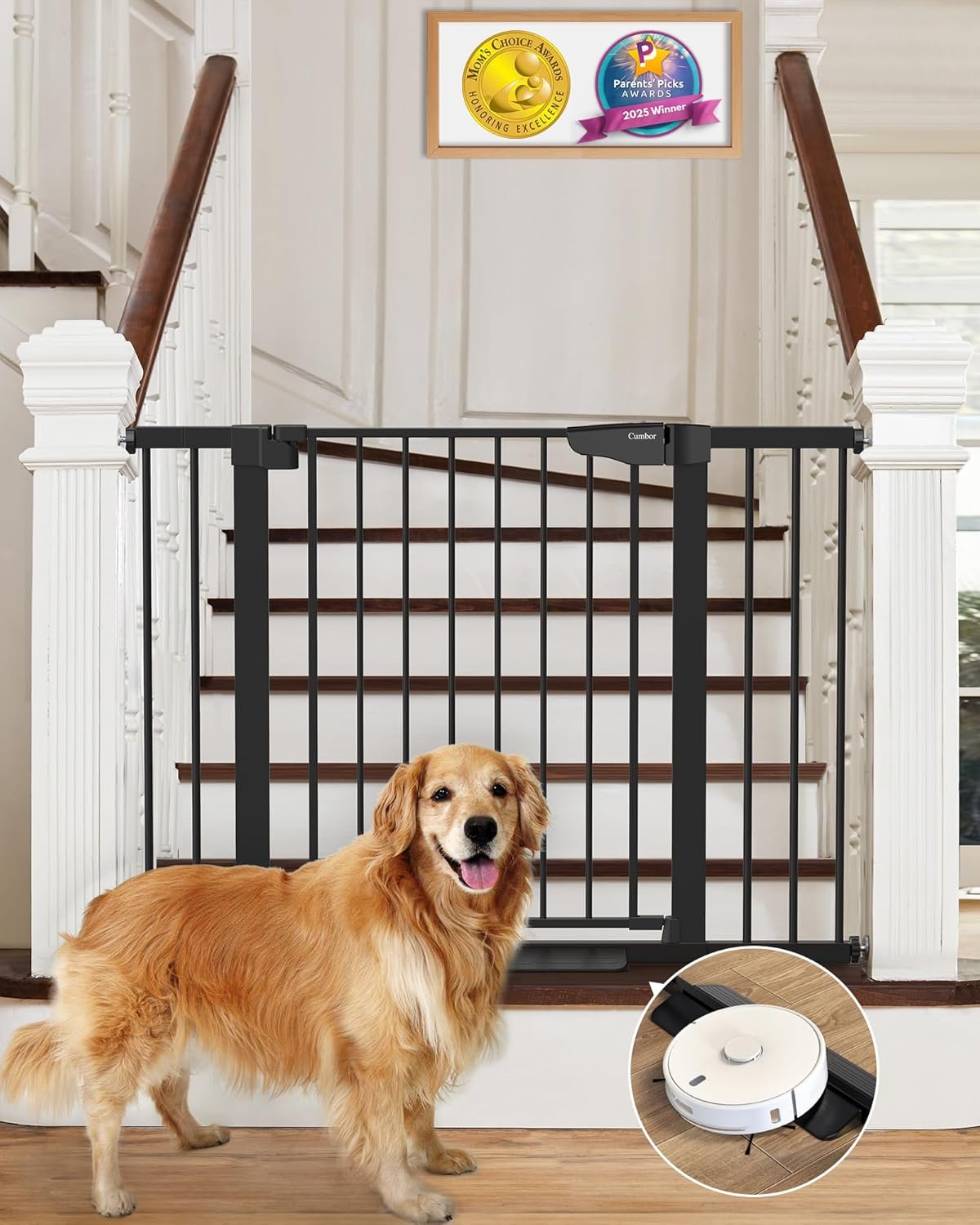 Cumbor 29.7-46″ Baby Gate for Stairs, Mom’s Choice Awards Winner-Auto Close Dog Gate for The House, Gifts for Mom, Easy Install Pressure Mounted Pet Gates for Doorways, Black