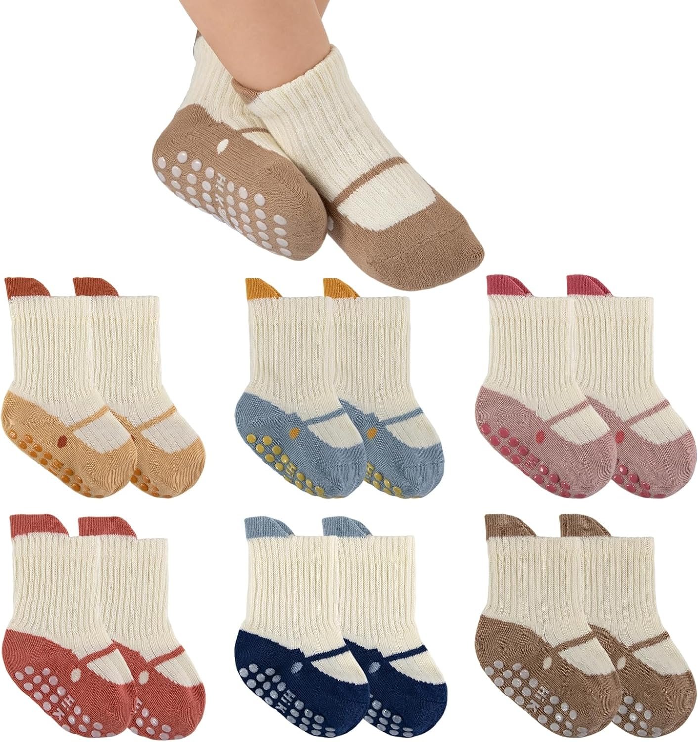 Baby Toddler Socks Girls Boys Non Slip Baby Grip Socks Cute Cotton Crew Socks for Newborn Infant Toddler 6 Pairs