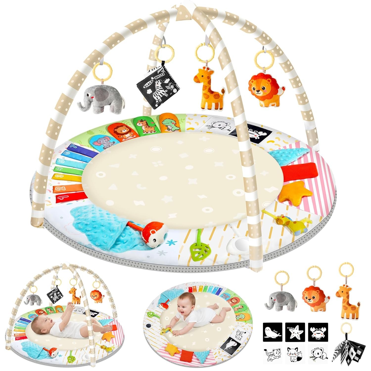 URMYWO Tummy Time Mat – Comfortable Baby Floor Play Mat Activity Gym for 0-3-6-18 Months, 6 Developmental Zones with 5 Detachable Toys for Motor Skills Sensory Development, Baby Essentials Shower Gift