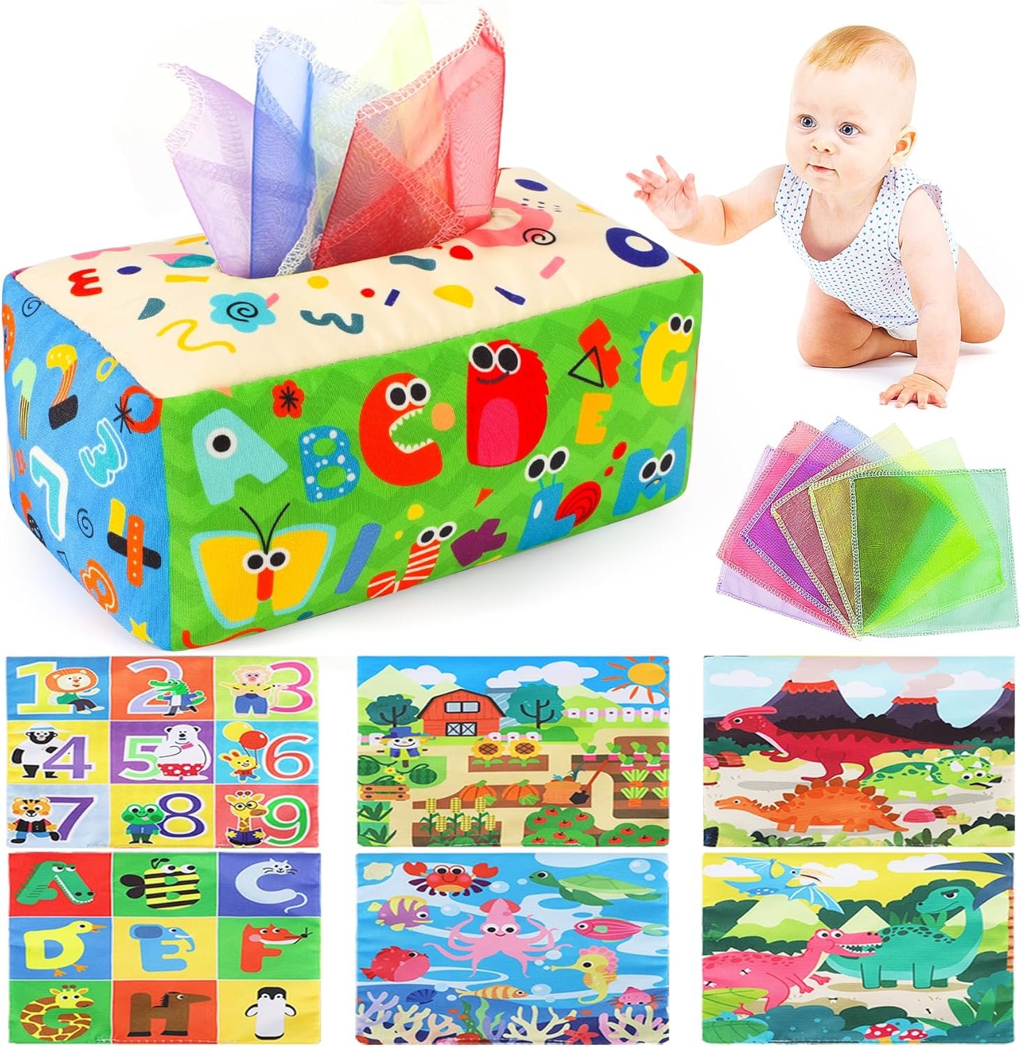 URMYWO Baby Tissue Box Toy – Montessori Baby Toys for 6-12 Months 1 Year Old Boy Girl – Soft Crinkle Sensory Toys for Infant Toddlers – Easter Basket Essentials Stuffers – Baby Boy Girl Gifts