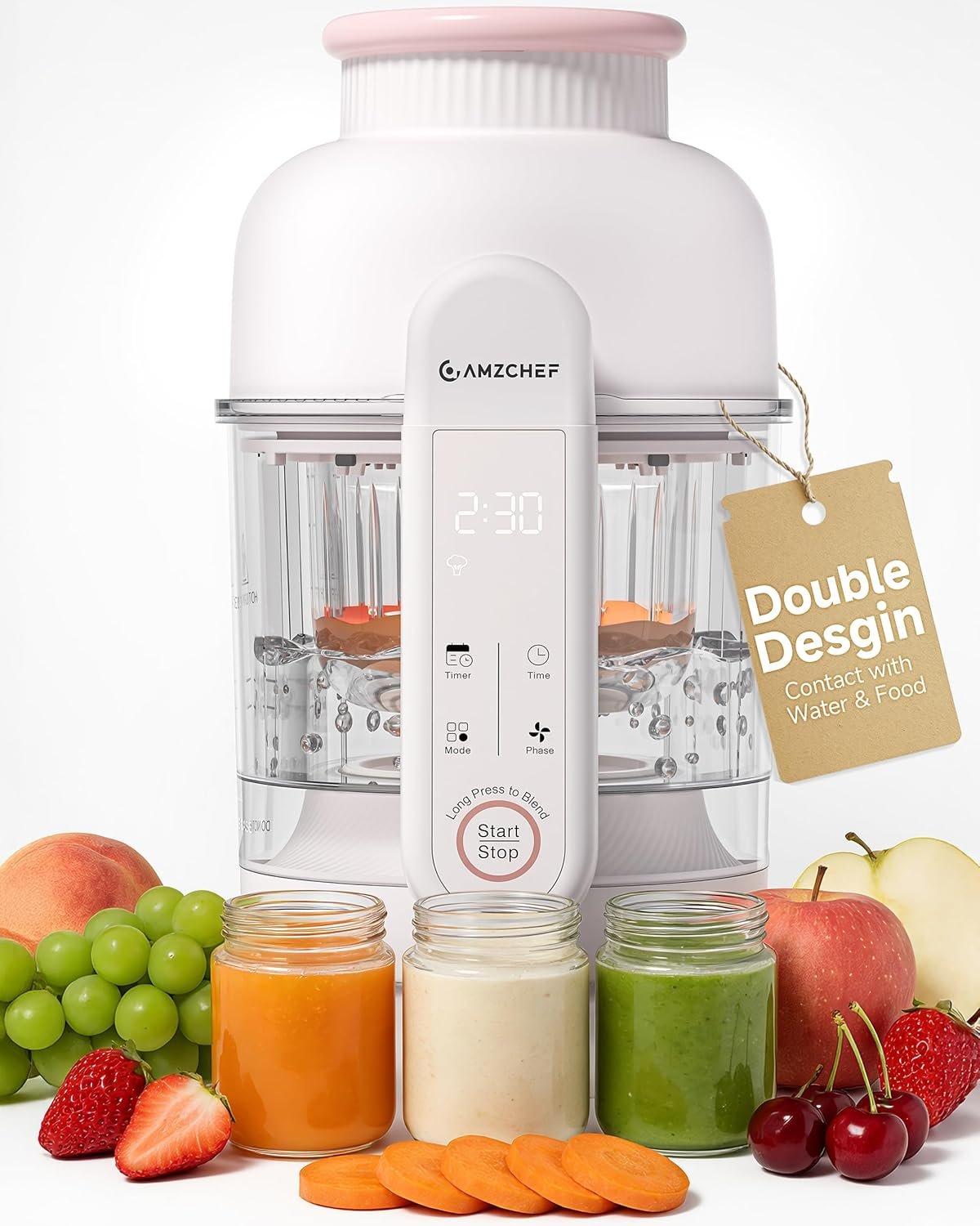 AMZCHEF Baby Food Maker with Auto Steam & Blend, 9-in-1 Baby Puree Maker with Food-grade glass, BPA-Free & Easy Cleaning, Touch Screen, Dishwasher Safe, Off-white