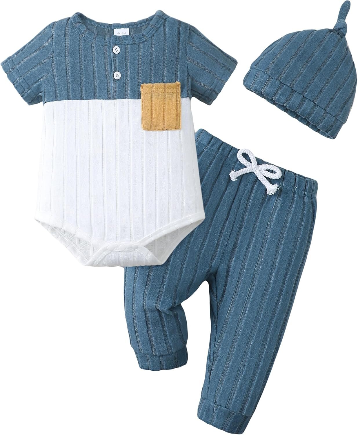 Renotemy Preemie Newborn Boy Summer Clothes Gift Short Sleeve Button Romper Baby Boys Bodysuit Long Pants Outfit Set with Hat