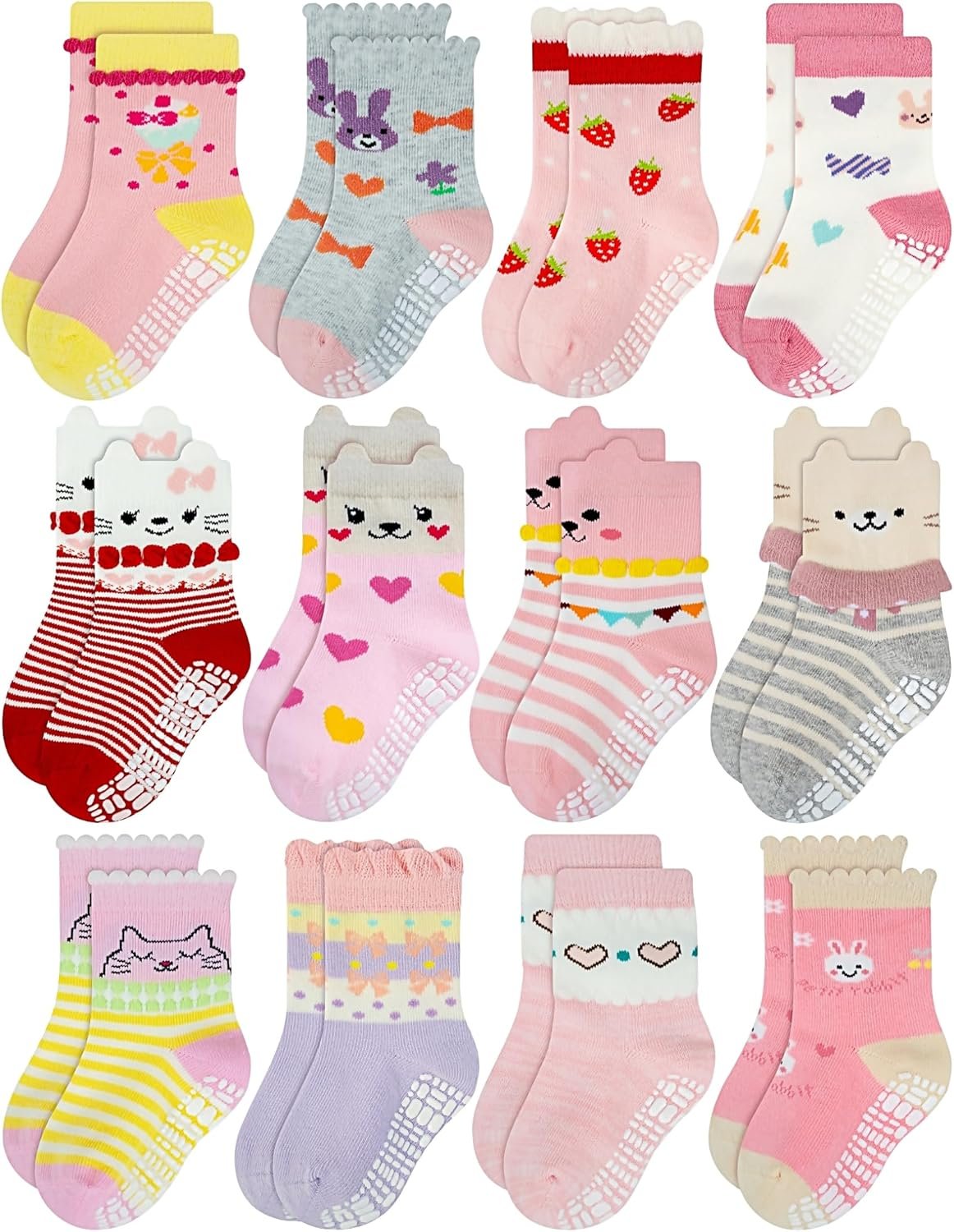 RATIVE Non Skid Anti Slip Cotton Dress Crew Socks With Grips For Baby Infant Toddler Kids Girls