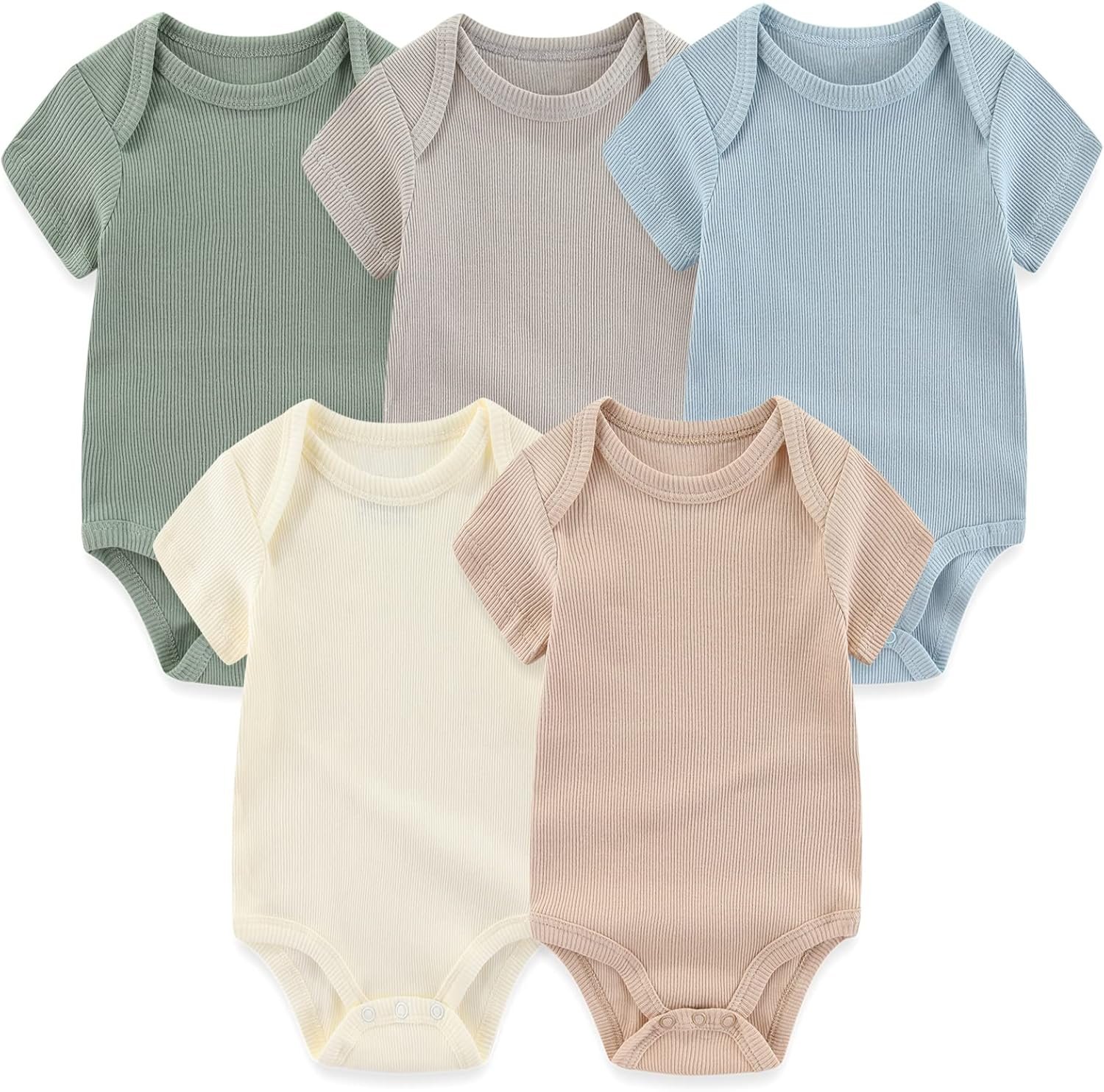 MAMIMAKA Newborn Baby Short Sleeve Bodysuit Cotton One-Piece Baby Clothes 5-Pack, 0-12 Months