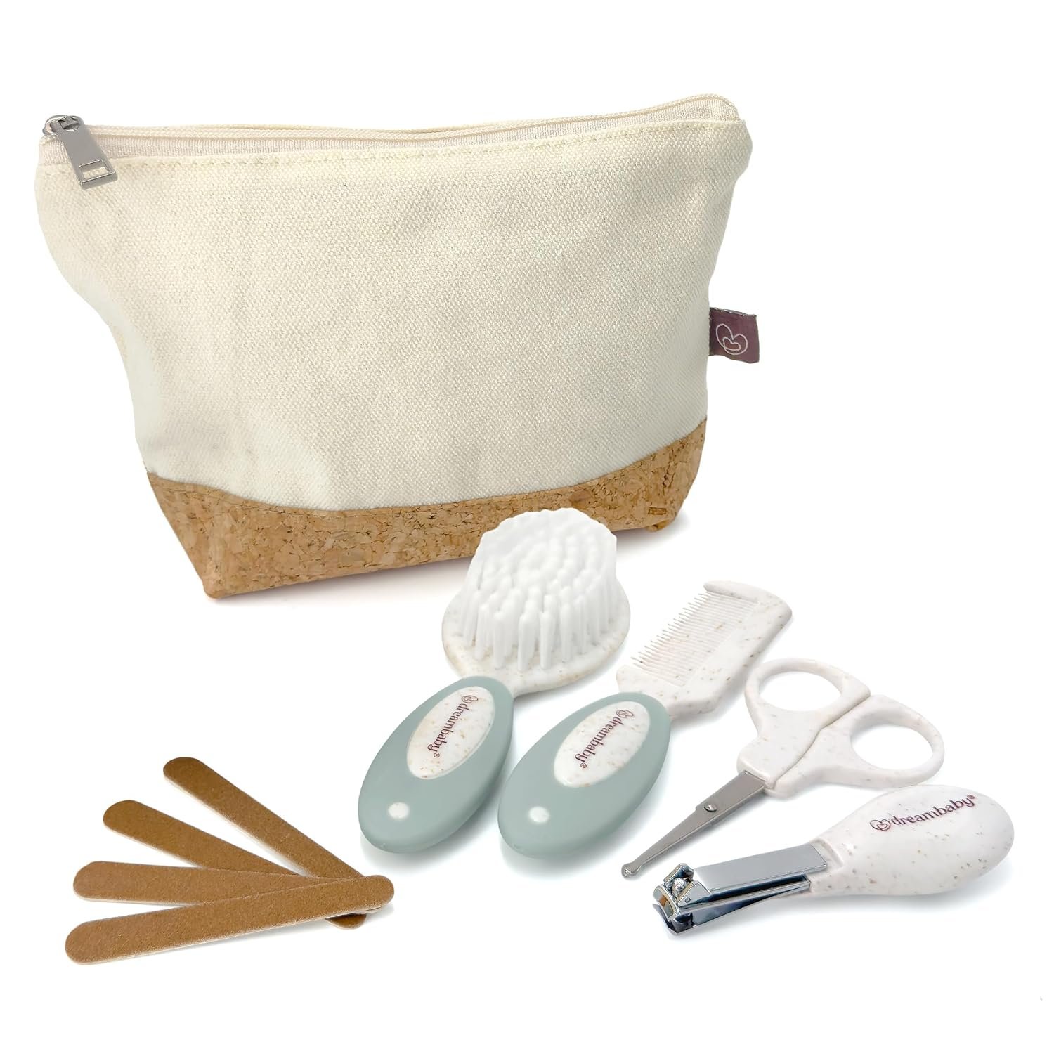 Dreambaby Neat & Tidy 9pc Wheatgrass Baby Grooming Kit – Eco-Friendly Baby Care Kit with Cotton & Cork Travel Bag – Soft Brush, Comb, Safety Scissors, Nail Clippers – Less Plastic Waste