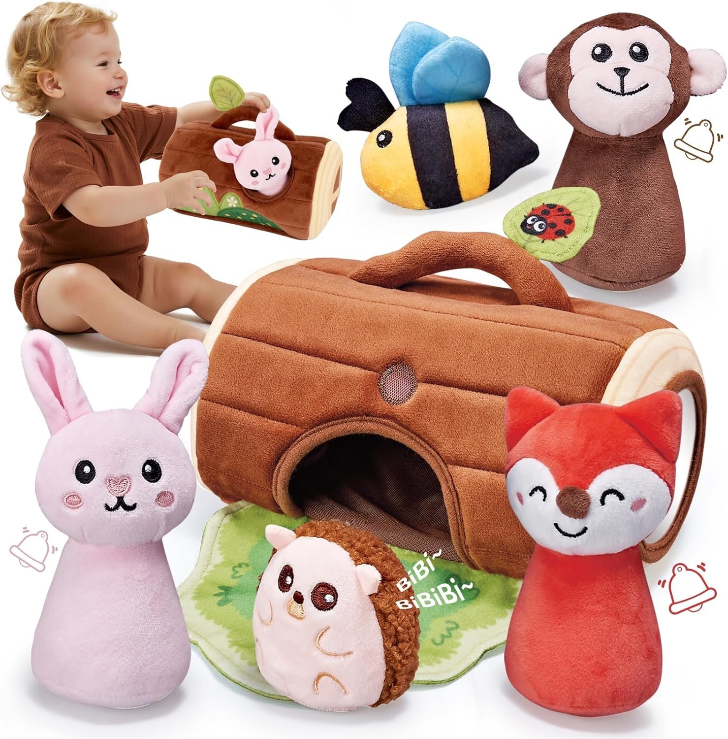 Baby Toys 6-12 Months, Stuffed Animals for Babies, Soft Plush Forest Sensory Toy Set with Rattle, Crinkle, Mirror and Tree Stump Storage, Cause and Effect Baby Boy Girl Gifts