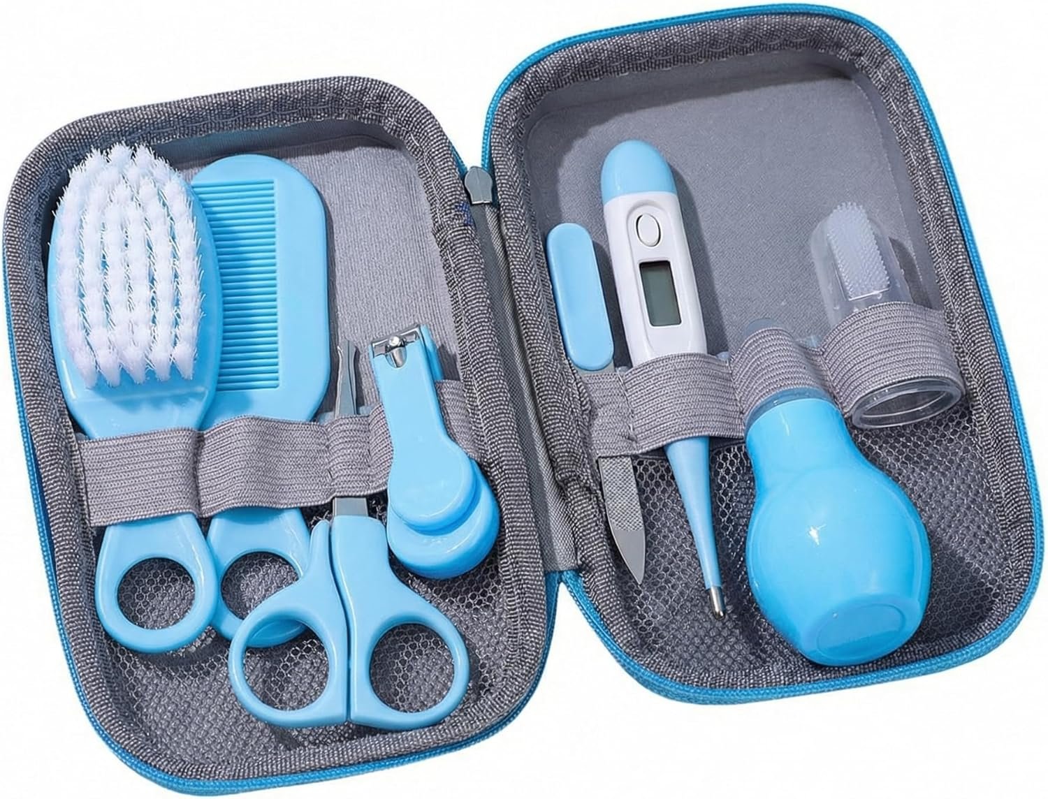 Essentials, 8 Pcs Blue Grooming Kit, Safety Baby Nail Clippers with Toddler Brush and Comb Set Nasal Aspirator Digital Thermometer and Finger Toothbrush for Infant Daily Care