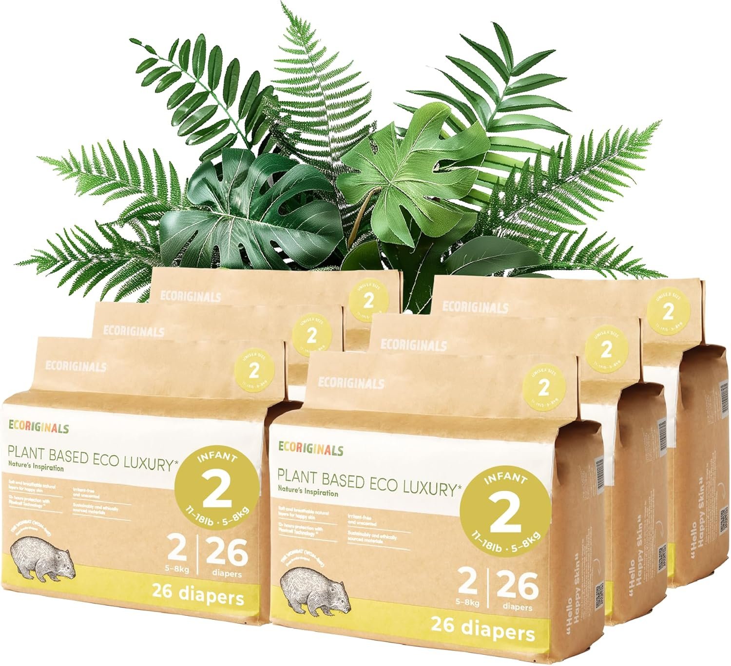 Ecoriginals – 156 Eco Infant Diapers Size 2 – Baby Diapers with 100% Plant-Based Layers, Disposable & Hypoallergenic Baby Essentials for Infant Babies – Secure Fit Size 2 Diapers (11-18lb), 6 Pack