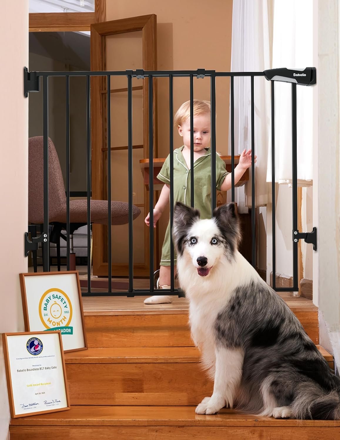 Babelio Baby Gate for Stairs, Kitchen & Doorways, No Bottom Bar| One-Handed Operation| Auto-Close| Hardware Mount (Drill Needed) Safety Dog/Pet Gate (Black – B17, 26-43″ W, 28″ H)