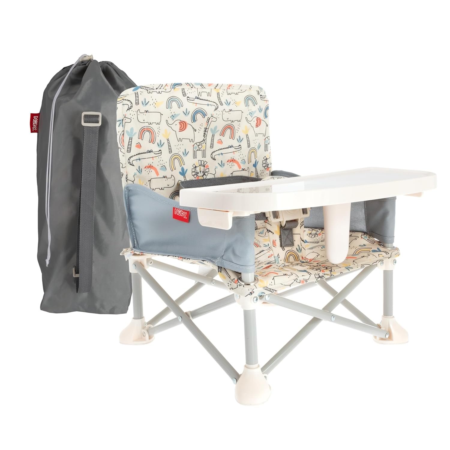 Nuby Pop-Up Booster Seat with Removable Tray – 6+ Months – Portable Booster Seat for Floor for Indoor/Outdoor Use – 3-Point Safety Adjustable Straps – Summer Travel Essentials – Safari