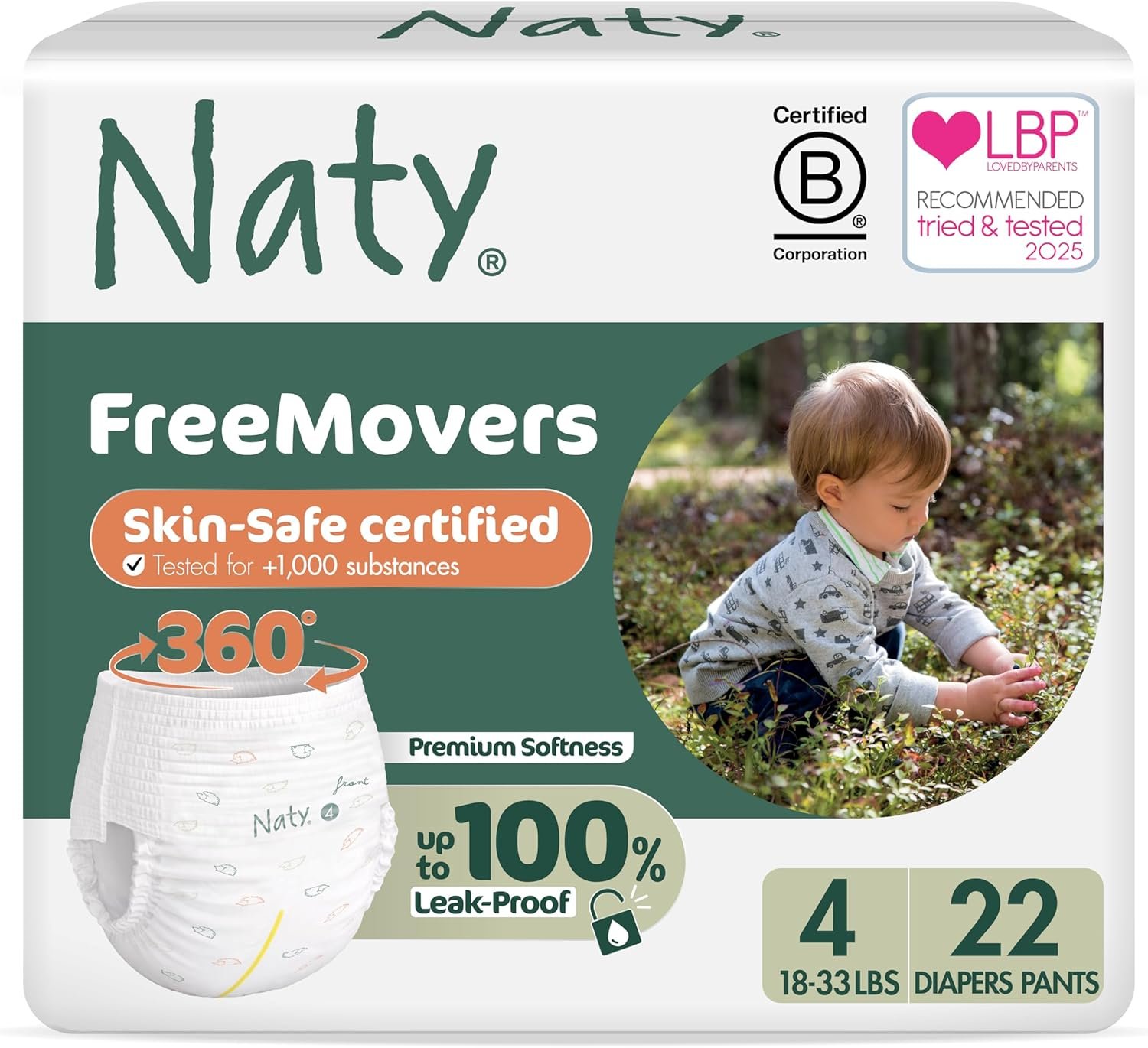 Naty FreeMovers Pull Up Training Pants for Sensitive Skin | Hypoallergenic Potty Training Underwear | Absorbent & Leak-Proof for Toddler | Soft, Unscented| Size 4, 2T–3T (18–33 lbs), 22 Count