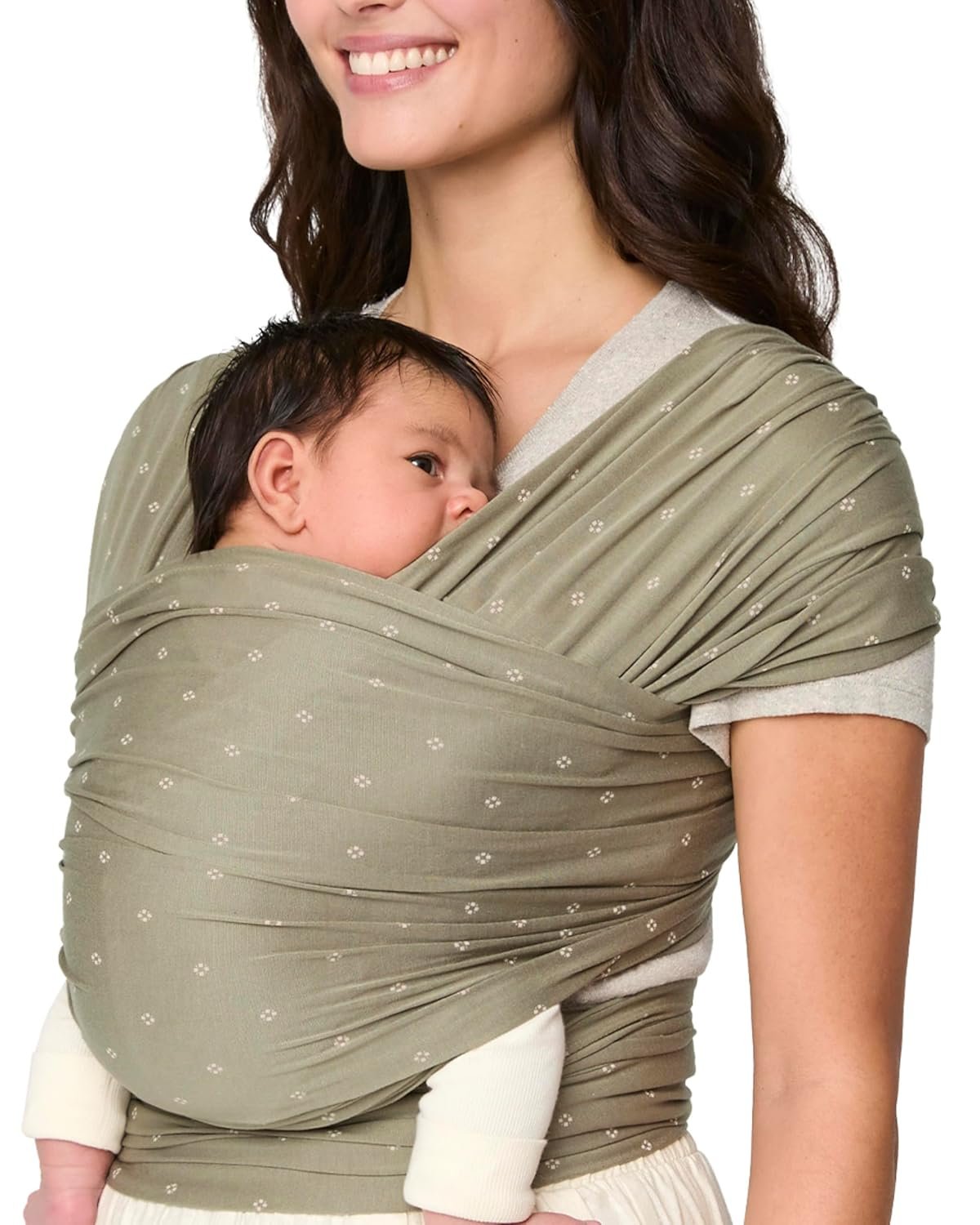 Ergobaby Aura Baby Wrap Carrier for Newborn 0-12 Months (8-25 lbs) – Soft Stretchy Infant Wrap Carrier with Hip-Healthy Positioning, Pre-Tied Design – Olive Diamond