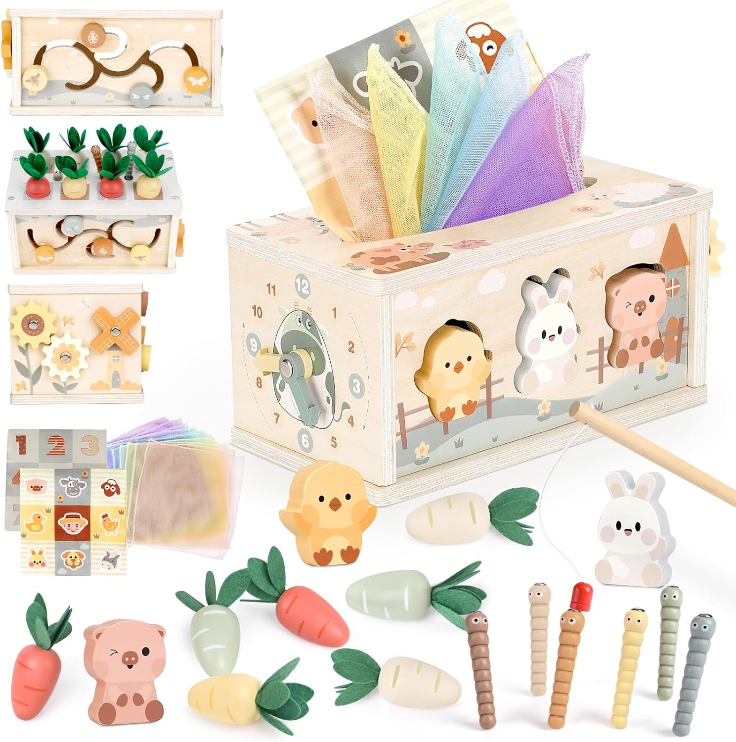Joyreal 8-in-1 Montessori Tissue Box Toy for Baby 12 Months – Neutral Color Wooden Activity Cube for Boys and Girls First Birthday Gifts – Sensory Toy for Toddlers 1-3 Preschool Learning Education