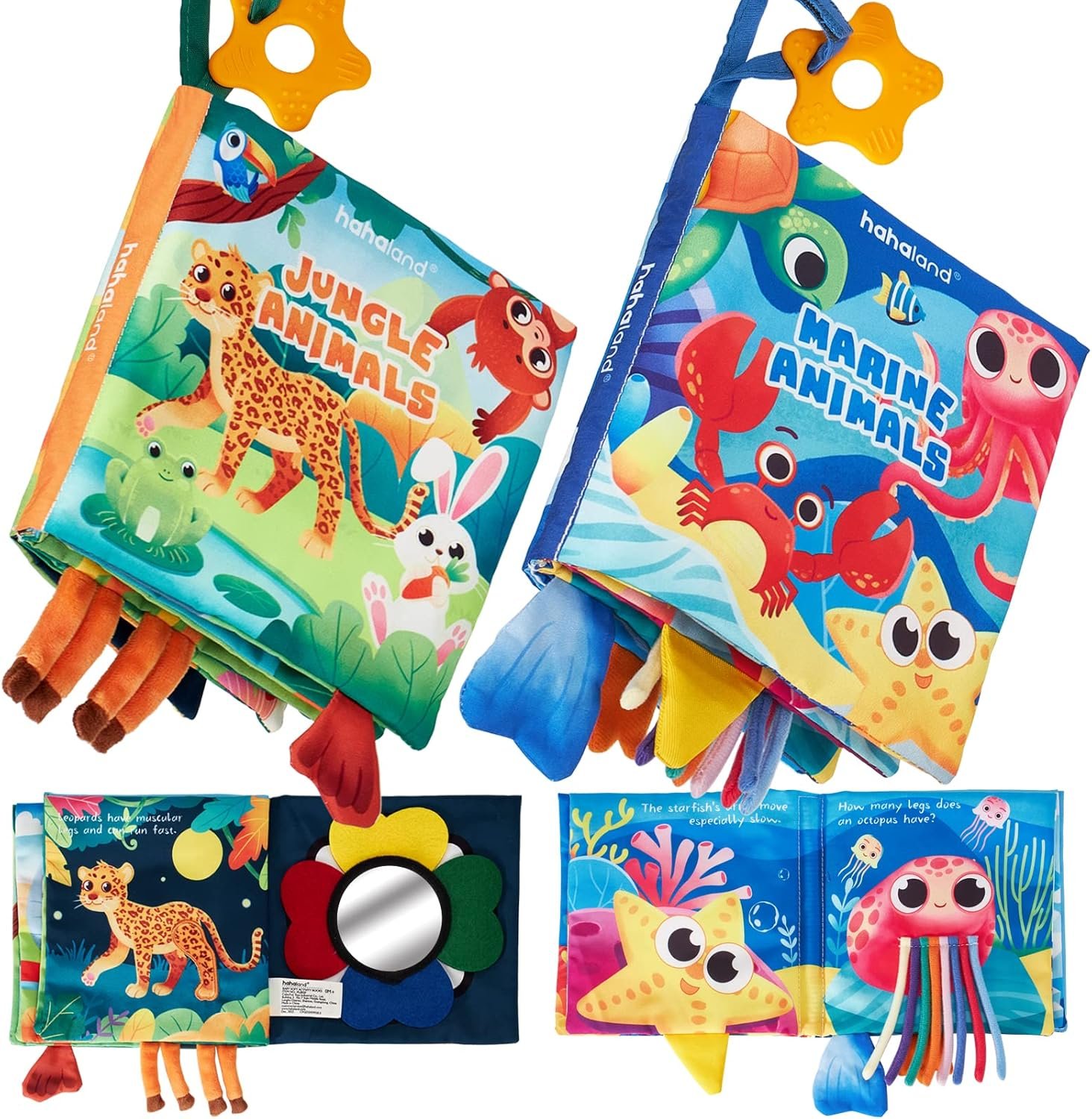 hahaland Baby Books 0-6 Months – 2 PCS Sensory Montessori Toys for Babies 0-6 Months with Crinkle Squeaky Sounds, Mirrors, Teethers – Soft Cloth Tummy Time Book Newborn Infant Toys