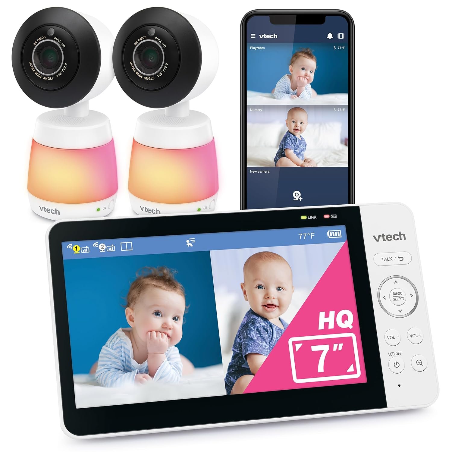 VTech WiFi Baby Monitor with 2 Cameras & 7″ IPS Split Screen – 2K Sensor, 1080p HD App, 24X Zoom, Motion Alerts, Video Recording, Night Vision, Free App | Smart HQ Max Twin