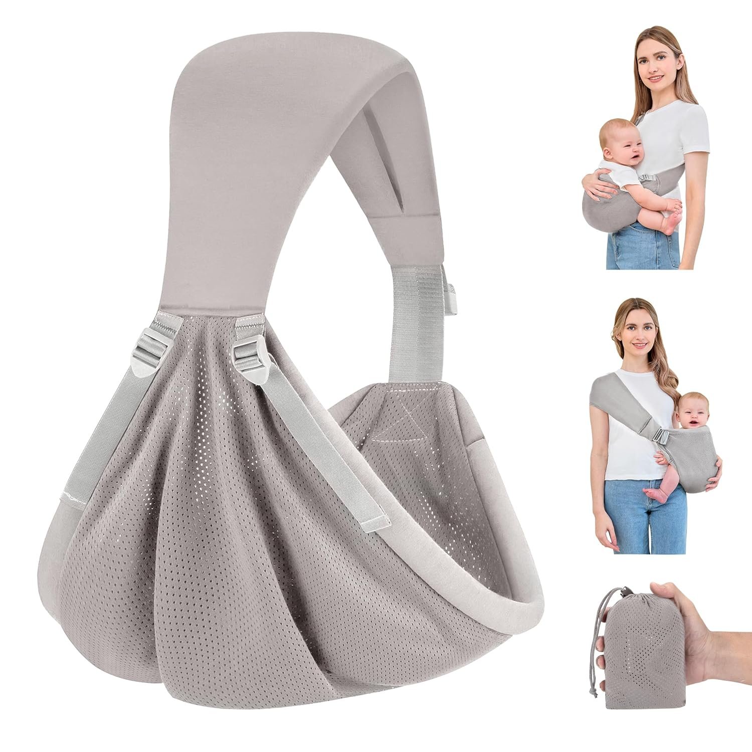 Baby Sling Carrier Newborn to Toddler, Upgraded Adjustable One-Shoulder Lightweight Portable Carrier with Breathable Fabric & Ergonomic Support for 6-40 lbs, One Size Fits All (Grey)