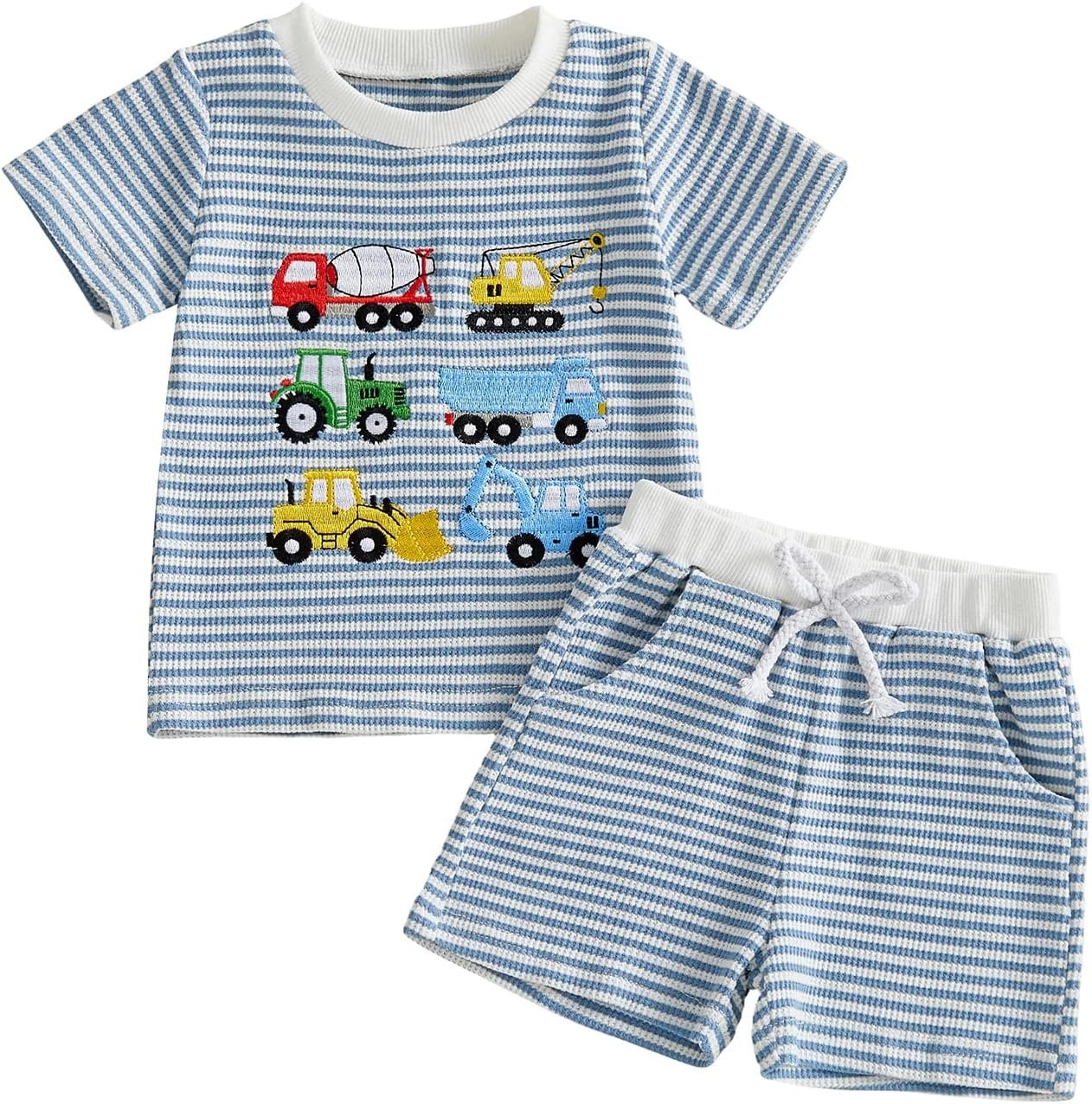 Toddler Baby Boy Summer Clothes Waffle Truck Embroidery Short Sleeve Tops T-Shirt and Shorts Sets Cute 2Pcs Outfits