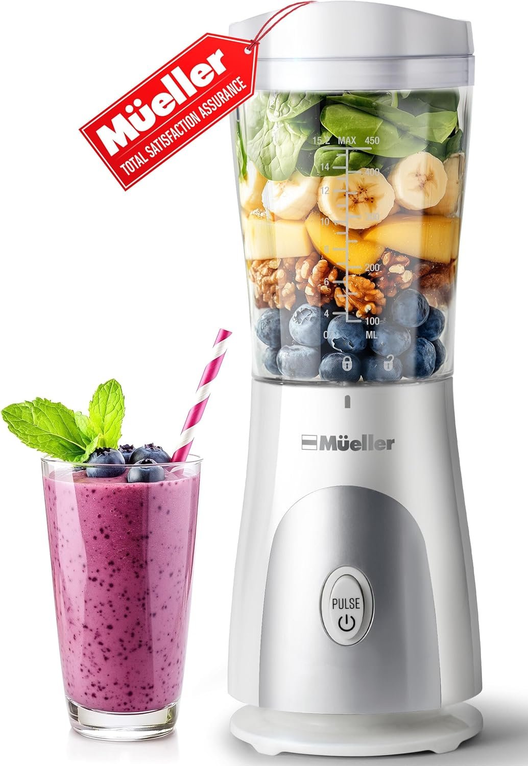 Mueller Heavy-Duty Personal Blender for Shakes and Smoothies with a 15 Oz Travel Cup and Lid, Juices, Baby Food, Portable Blender & Food Processor, White