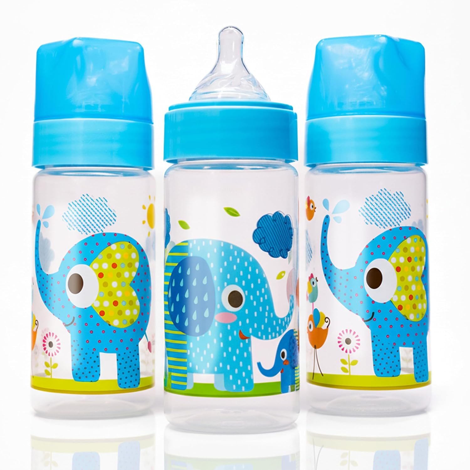 Avima Baby 9 oz Anti Colic Baby Bottles for Breastfed Babies – Medium Flow Nipples, Wide Neck Bottle, BPA Free – 3-6 Months, Stage 2 (Set of 3) Blue Baby Bottle – Elephants
