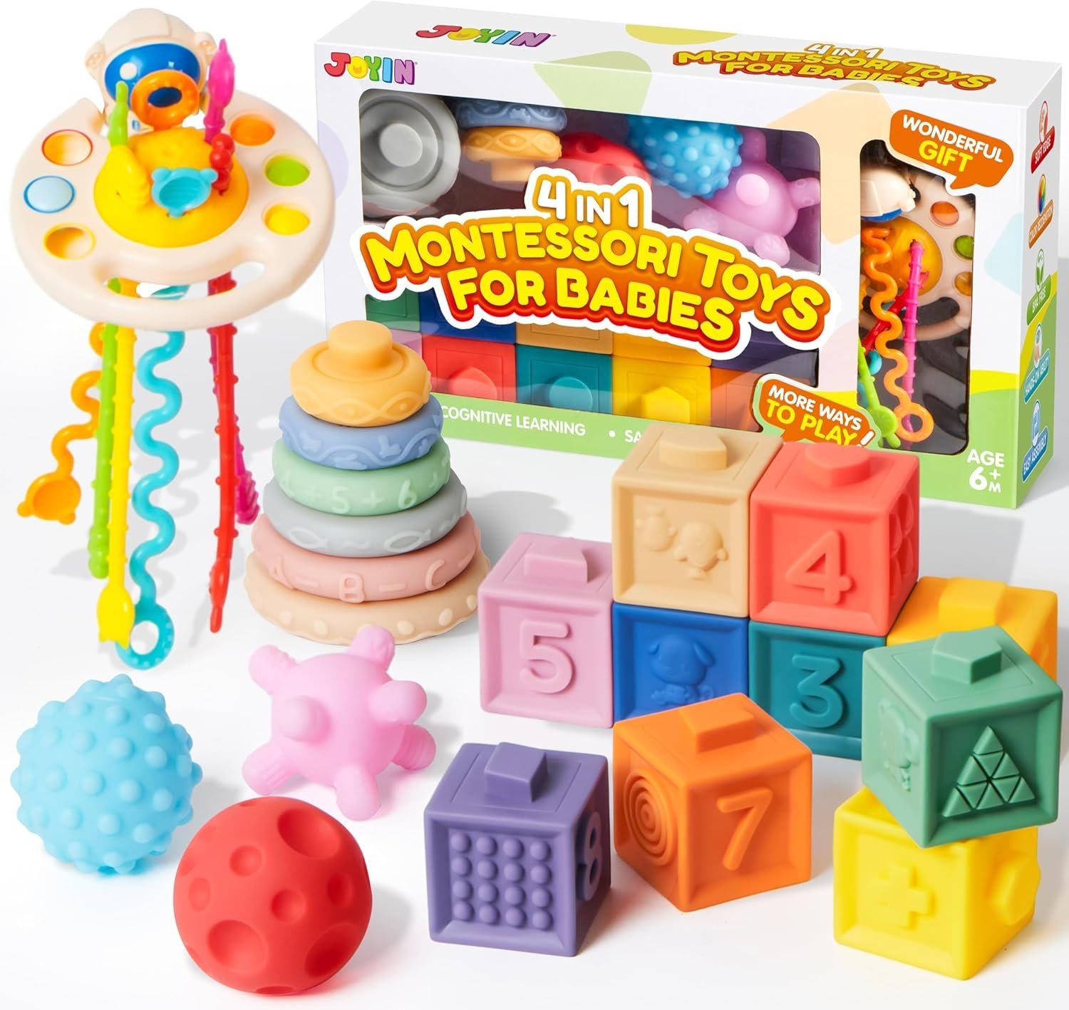 JOYIN Baby Toys – Montessori Toys for Babies, Food-Grade Sensory Present Infant Stacking Circles Teether, Blocks, 3D Stress Balls, Pull String, Learning Gifts for Baby Girls Boys