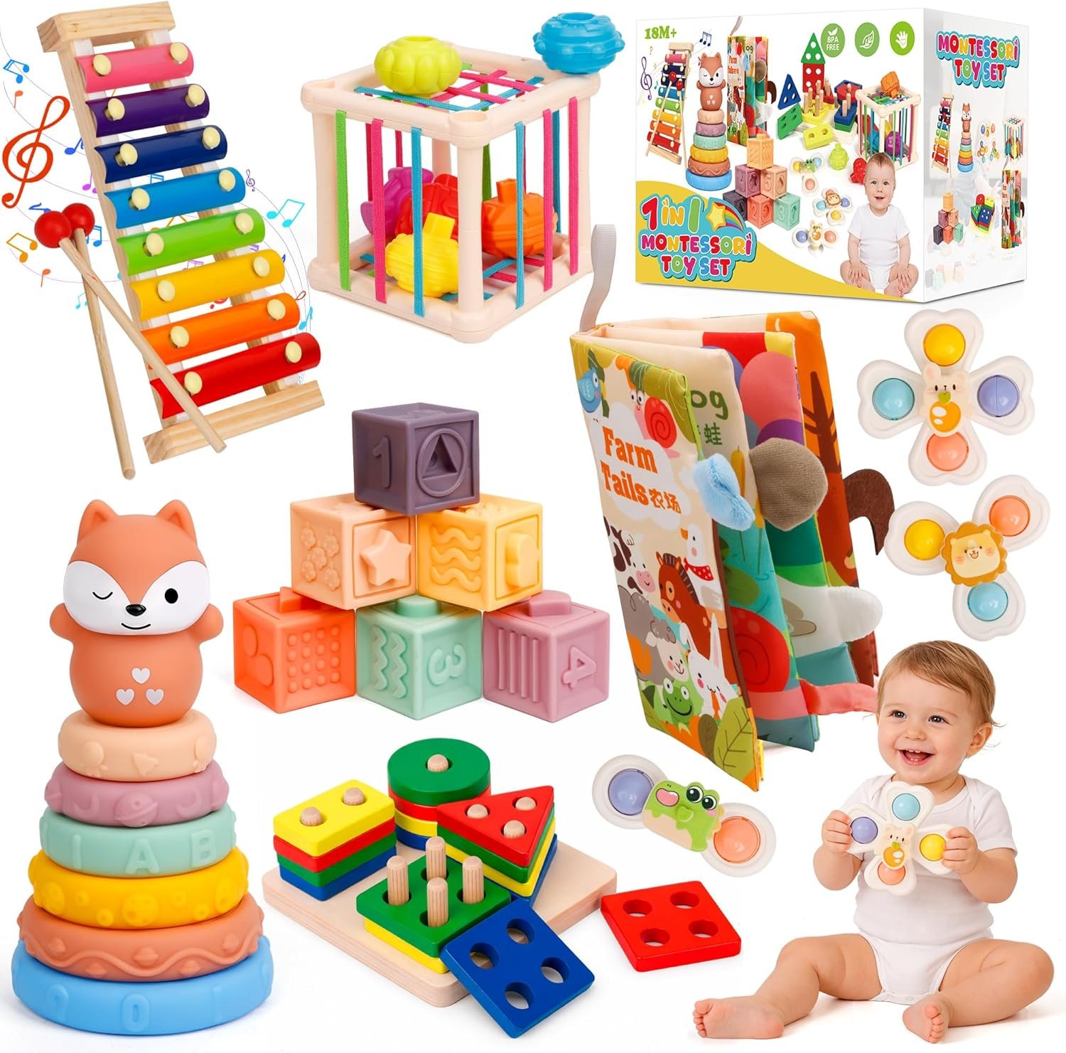 Montessori Baby Toys for Toddlers 1-3, 7-in-1 Educational Activity Toy Set with Soft Cloth Book, Stacking Blocks & Learning Toys, Birthday Gifts for Boys Girls