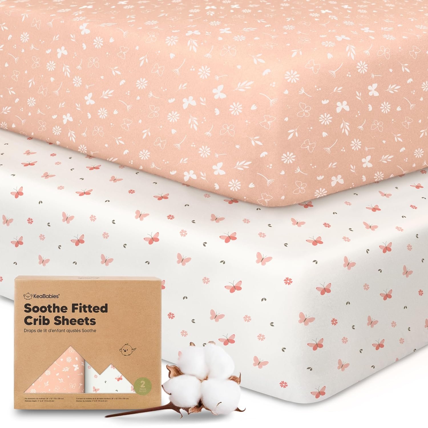 KeaBabies 2-Pack Organic Crib Sheets for Boys, Girls – 52×28 Fitted Crib Mattress Sheet Neutral, Breathable Jersey Cotton Cover for Baby Bed, Toddler Mattress, Soft & Cute Prints (Butterflies)