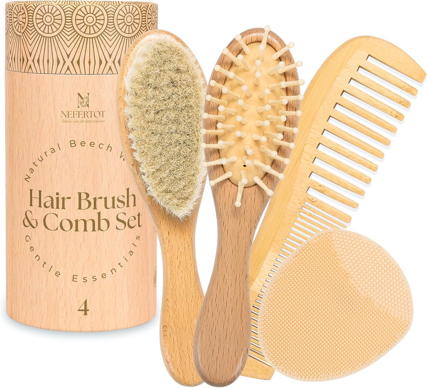 Wooden Baby Hair Brush Grooming Kit with Beech Wood Goat Hair Brush, Cradle Cap Brush, Silicone Scalp Massager, Ultra Soft Bristle Brush | Gender Neutral Newborn Hairbrush Set for Boy or Girl