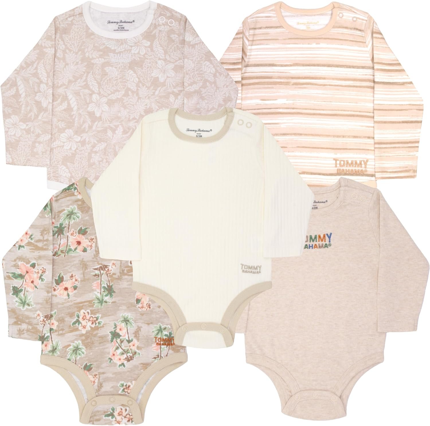 Tommy Bahama Baby 5-Piece Onesie Set – 100% Cotton Long Sleeve Bodysuit 5-Pack for Infant Boys and Girls