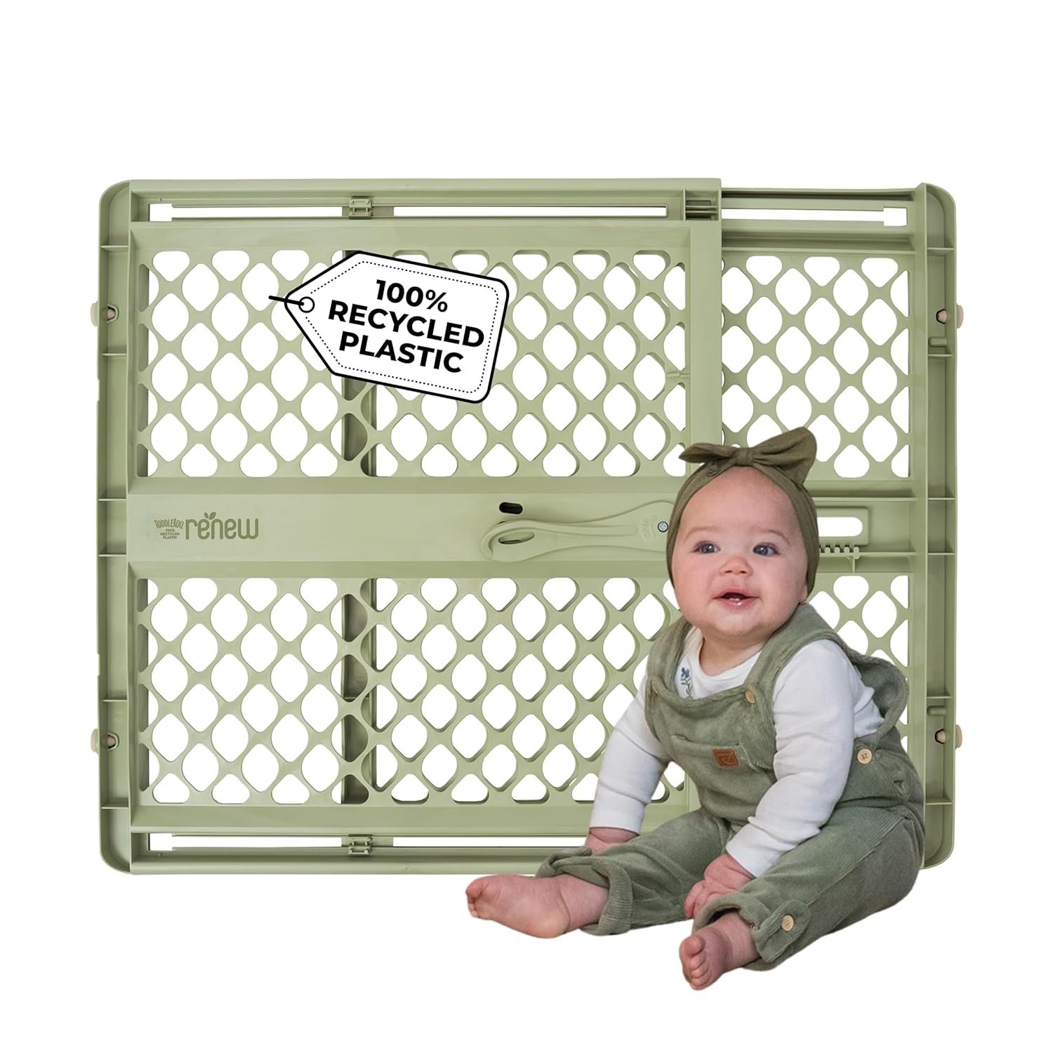 Toddleroo by North States – ReNew 100% Recycled Plastic Baby Gate for Doorway; Sturdy for Indoor & Outdoor Use: Pressure Mounted, No Drill Gate; Made in USA; 26″ to 42″ Wide, 26″ Tall; Sea Grass Green