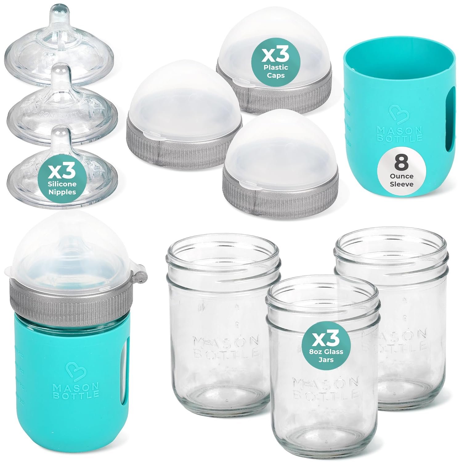 Mason Bottle Baby Glass Bottles Gift Set – Includes 3X Anti Colic Glass Baby Bottle 8 oz, 3X Slow Flow Nipple, 3X Cap+Ring, 1x Silicone Sleeve – BPA Free, Non Toxic Glass Feeding Bottles for Babies