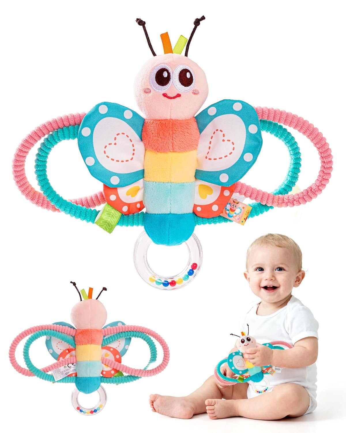 Jollybaby Soft Baby Rattles & Plush Rings Toy for Newborn 0-3-6-12 Months, Sensory Developmental Hand Teether Toys for Infant 0-2-4-7-8-9 Months, Baby Shower & Birthday Gifts – Butterfly