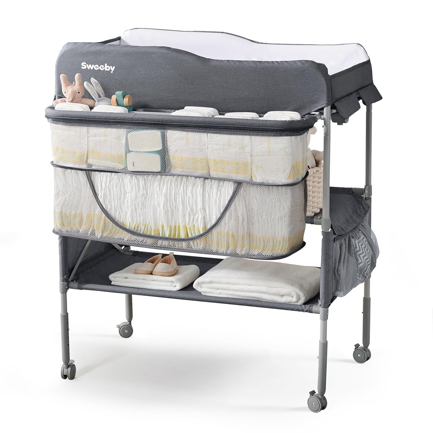 Sweeby Portable Baby Changing Table, Foldable Diaper Changing Station with Waterproof Pad, Mobile Nursery Organizer for Infant & Newborn Essentials, Dark Grey