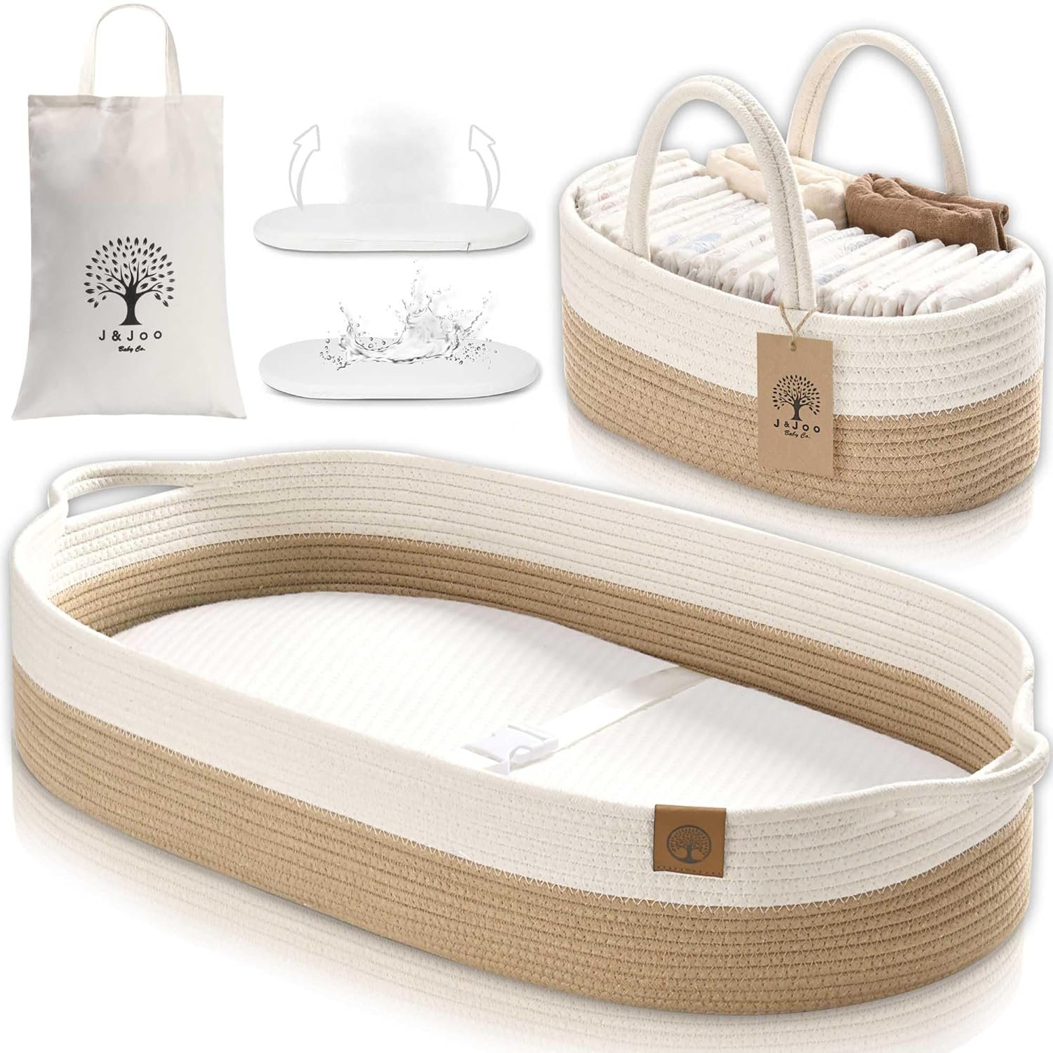 J&JOO Baby Changing Basket includes Diaper Caddy – Soft & Waterproof Dual-Cover, Portable, Changing Pad for Dresser & Changing Table, Gift for Baby Shower, Organic Cotton Rope