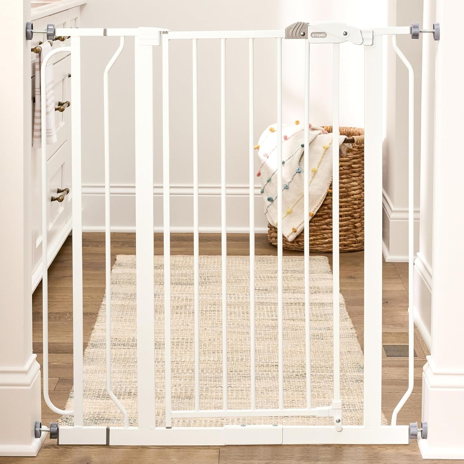 Regalo Safety 36″ Extra Tall Baby Gate for Doorways & Bottom of Stairs, Pressure Mounted Walk Through Gate for Babies, Toddlers & Pets, Tested & Safe for 30 Years, American Designed, American Owned