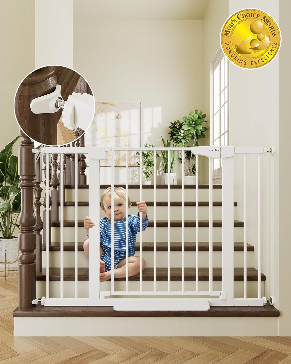 Cumbor 29.7-46″ Baby Gate for Stairs, Toddler Safety Essentials for The House, Auto Close Dog Gate for Doorways, Mom’s Choice Awards Winner-Easy Install Pressure Mounted Pet Gates for Dogs, White