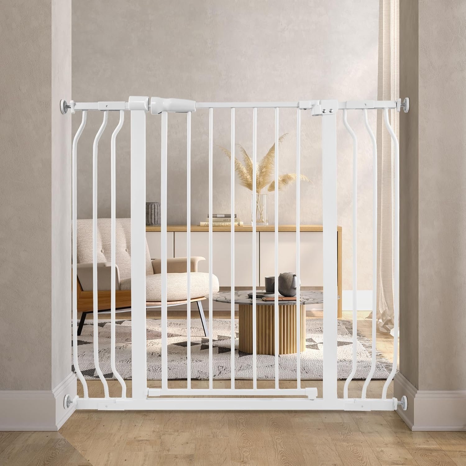 ELEVON Baby Gate for Stairs Doorways, Safety Pet Gate with Auto-Close/Hold-Open Features, Fits Openings 29.1” to 43.3”, 30” Tall, Easy Pressure Mounted Walk Through Baby Dog Gate, White