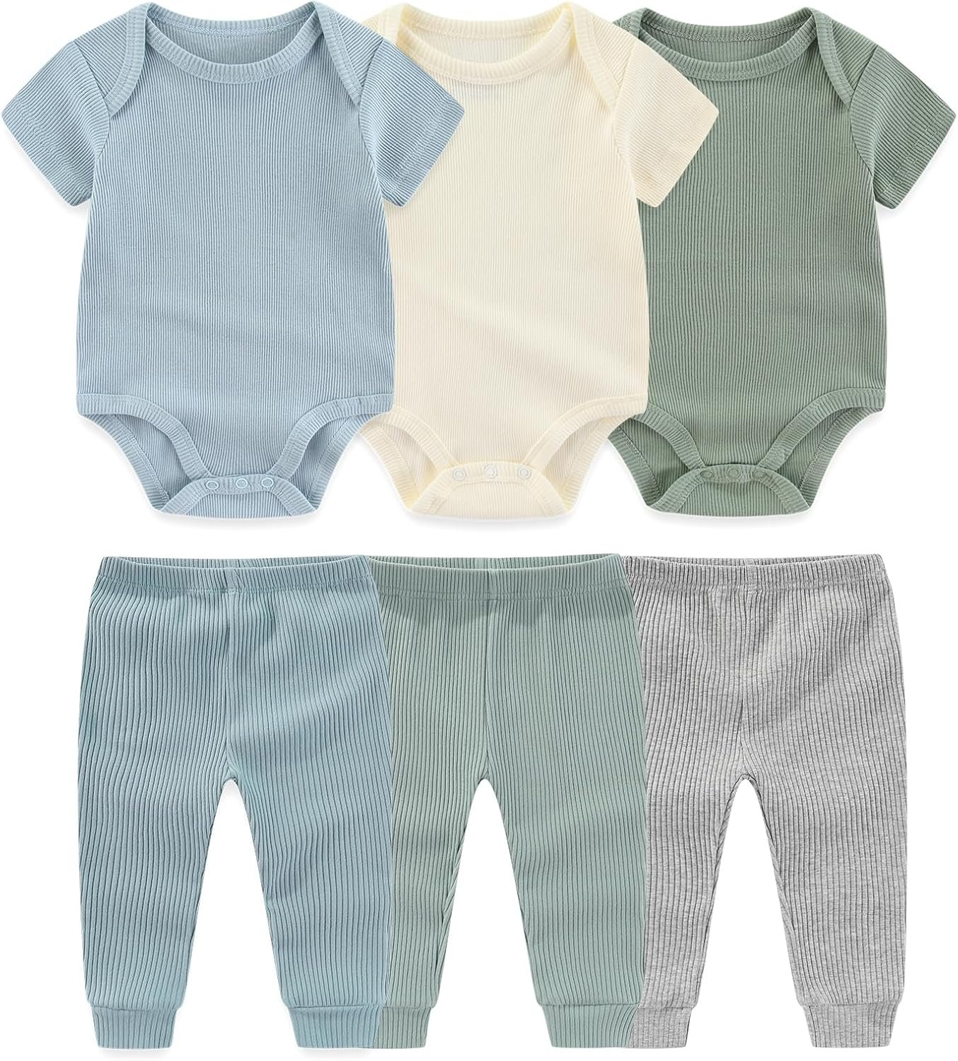 Ruliby Baby Bodysuit and Pant Set 6-pcs Ribbed Soft Infant Boy Girl Clothes Outfits