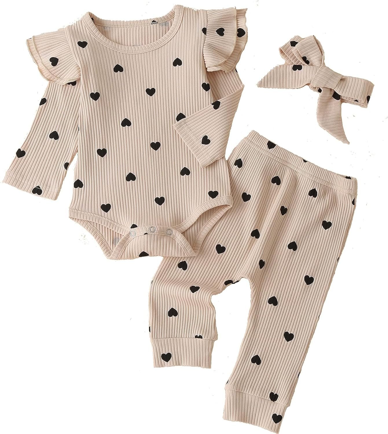 Fullfamous Baby Girl’s 3pc Rib Frill Long Sleeve Romper and Pant Set