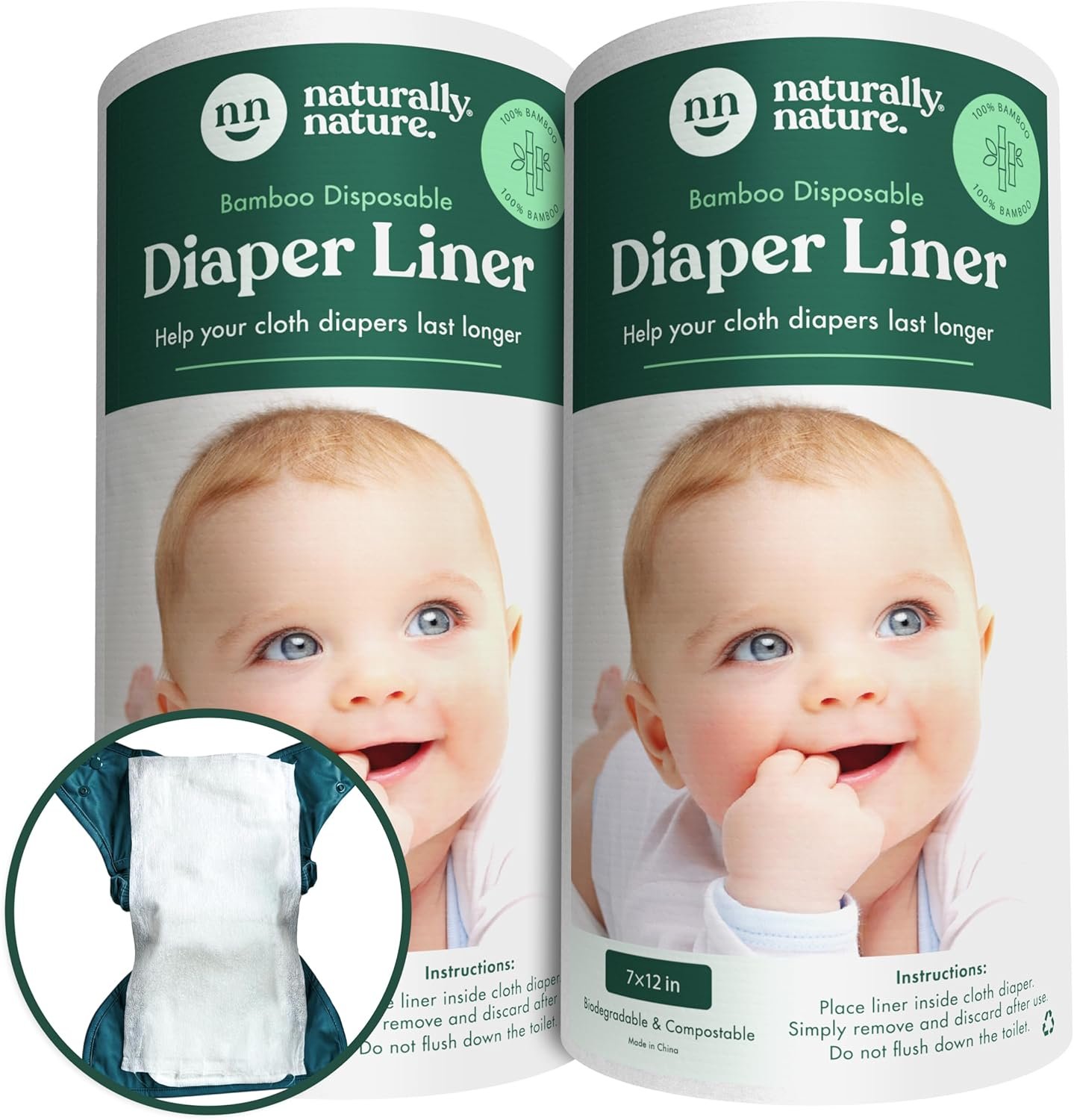 Naturally Nature Disposable Cloth Diaper Liners, Unscented, Fragrance-Free, Chlorine Free Diaper Inserts – 200 Count – (2 Rolls, 100 Sheets per Roll)