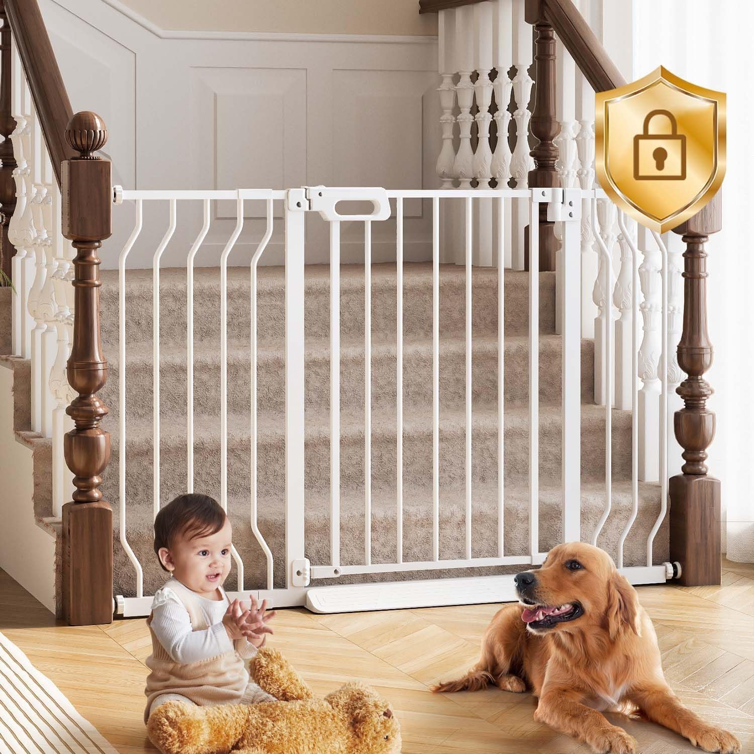 Mom’s Choice-GROWNSY Baby Gate for Stairs, 29.5″-48.4″ Pressure Mounted Baby Gate for Top of Stair&Doorway with V-Shaped Rods, Anti-Trip Pedal, Extra Wide Stairs Dog Gate Easy Install w/Red Reminder