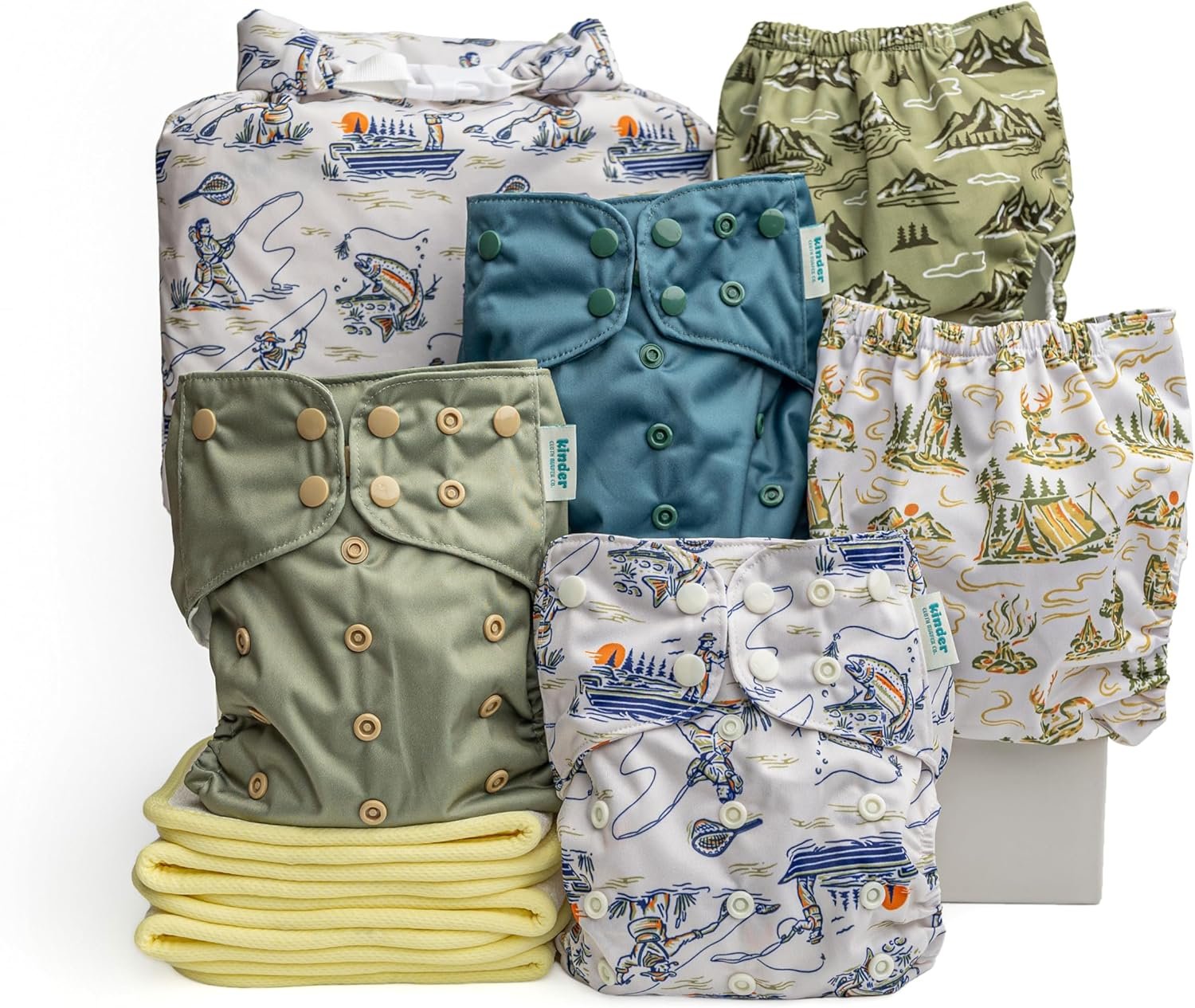 Kinder Cloth Diapers Reusable Baby Diapers Pocket Style Athletic Wicking Jersey, Bamboo Viscose Inserts, Wet Bag, Newborn to Potty Training 7-60lbs, One Size (Great Outdoors, 5 Pack, with Inserts)