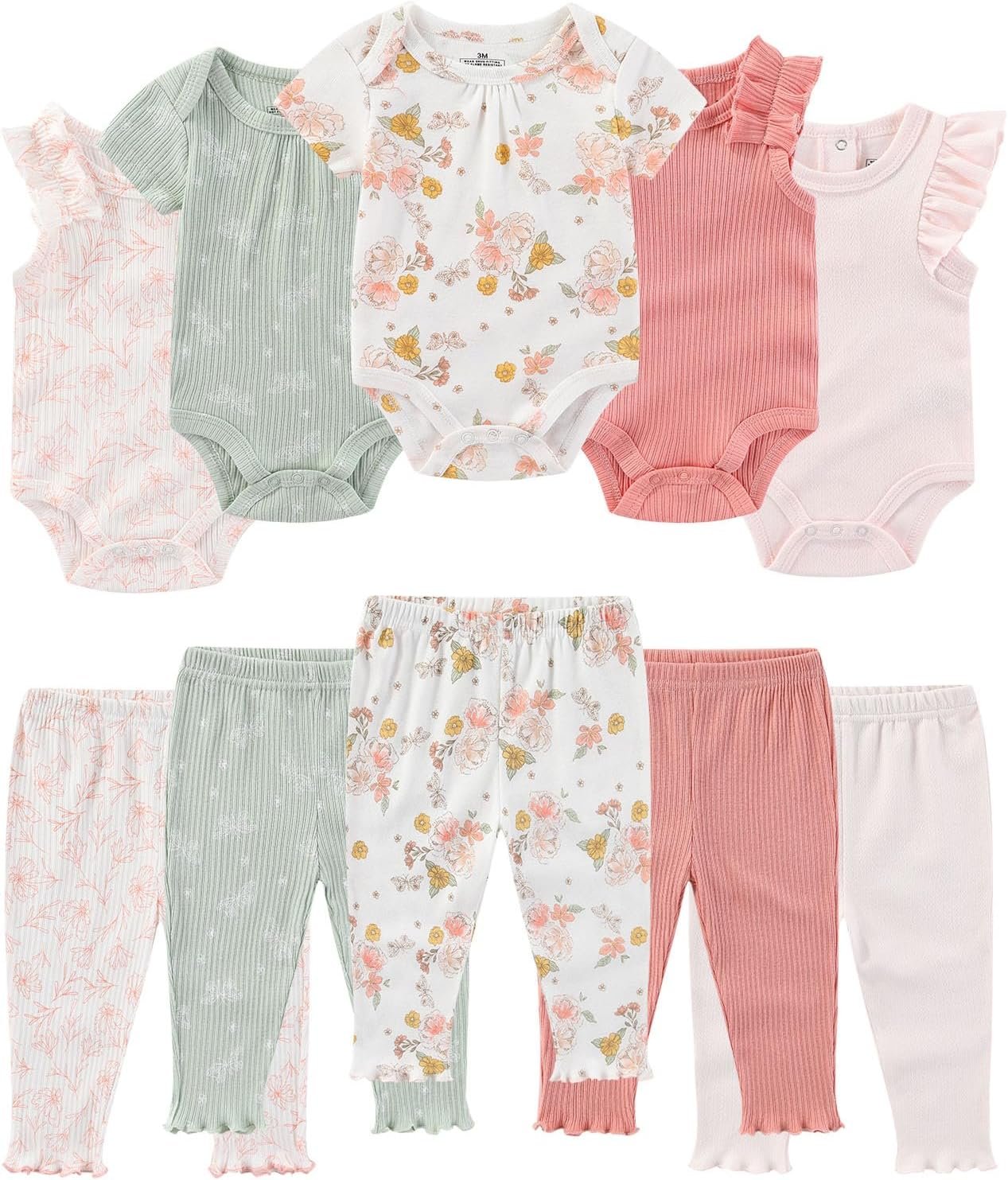 Ruliby Baby Bodysuit and Pant Set Summer Ribbed Mix Match Infant Boy Girl Clothes Outfits