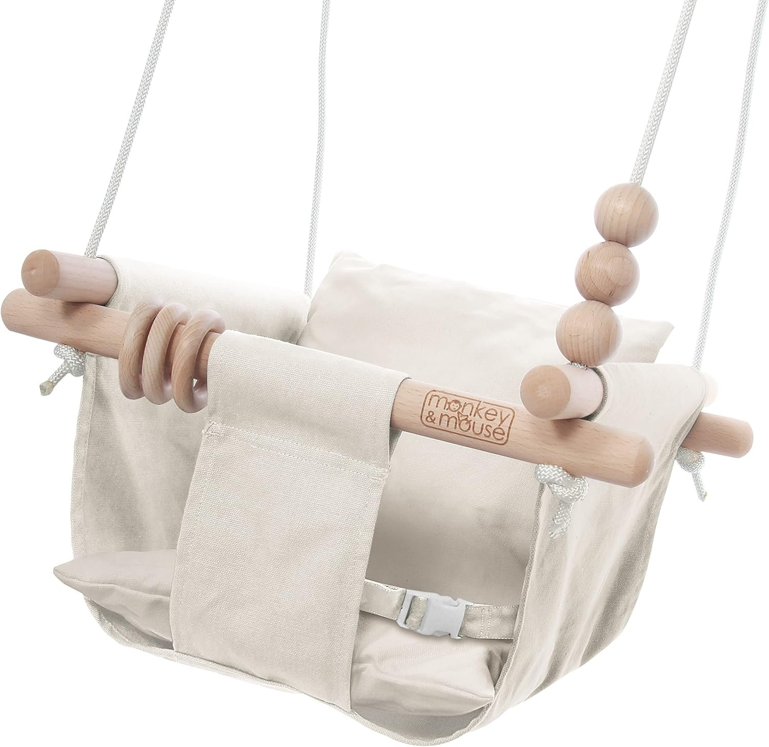 Monkey & Mouse Baby Swing, Cream Indoor Outdoor Portable Hanging Chair – Infant & Toddler Kids 6 Months – 4 Years, Cotton Canvas & Beech Wood Frame, Sensory Hammock Boy & Girl Seat w/Wooden Toys
