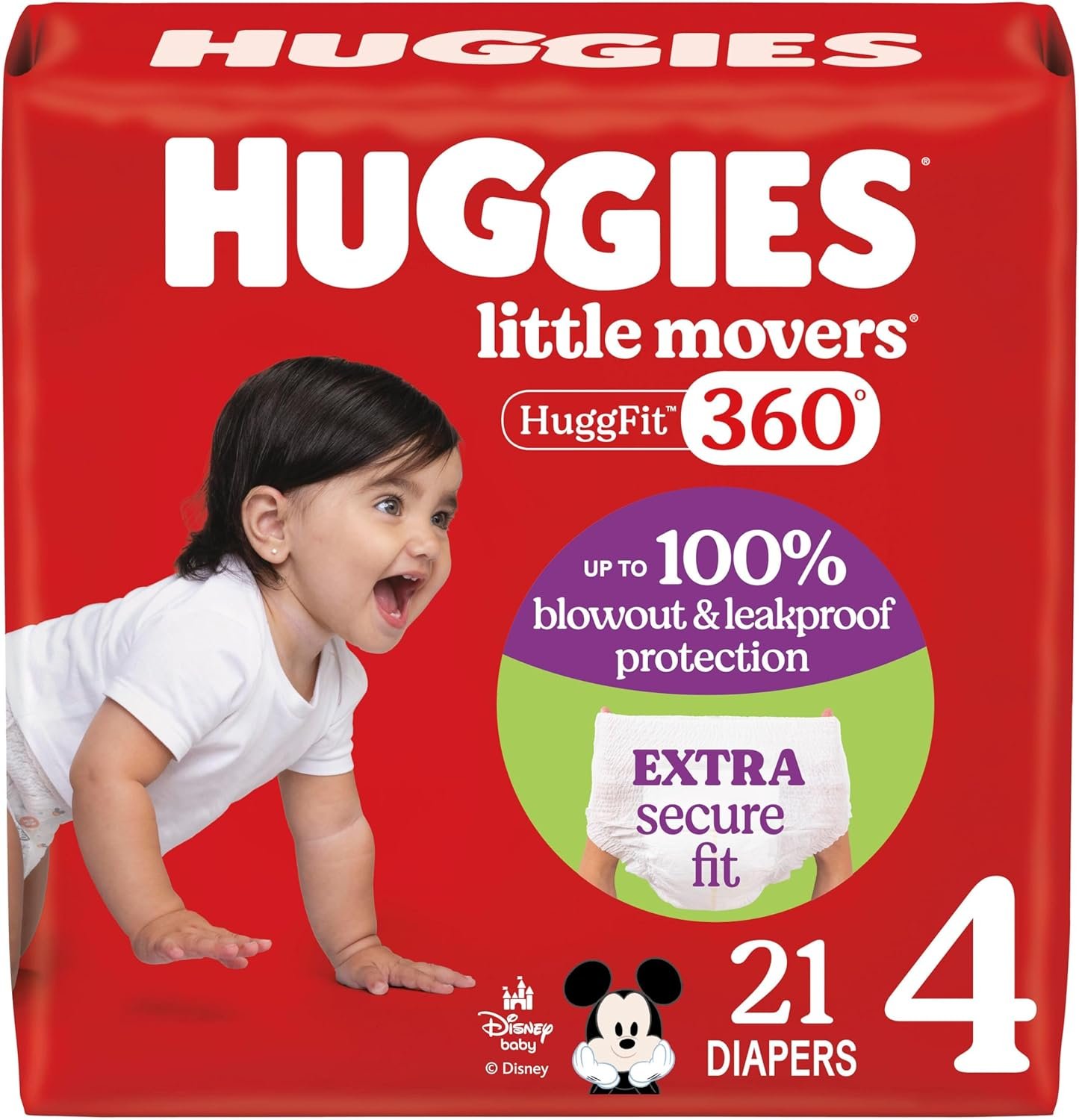 Huggies Size 4 Baby Diapers, Little Movers HuggFit 360° Baby Diapers with 360° Waistband, Size 4 (22-37 lbs), 21 Count, Packaging May Vary