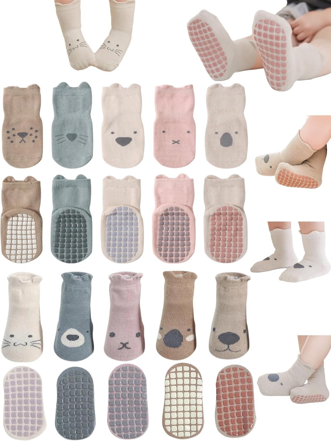 Toddler Non-Skid Socks with Grips Baby Girls Boys Anti-Slip Crew Cartoon Socks for Infants 10 Pairs