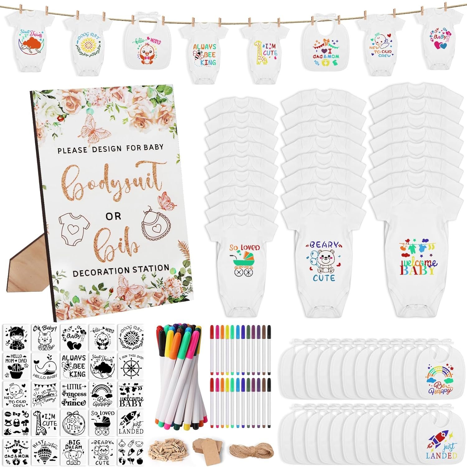 201 Pcs Baby Shower Set Baby Shower Game Sign Baby Bib Bodysuit White Baby Bib Newborn Bodysuit Baby Shower White Decorating Kit(PinkFlowerButterfly)