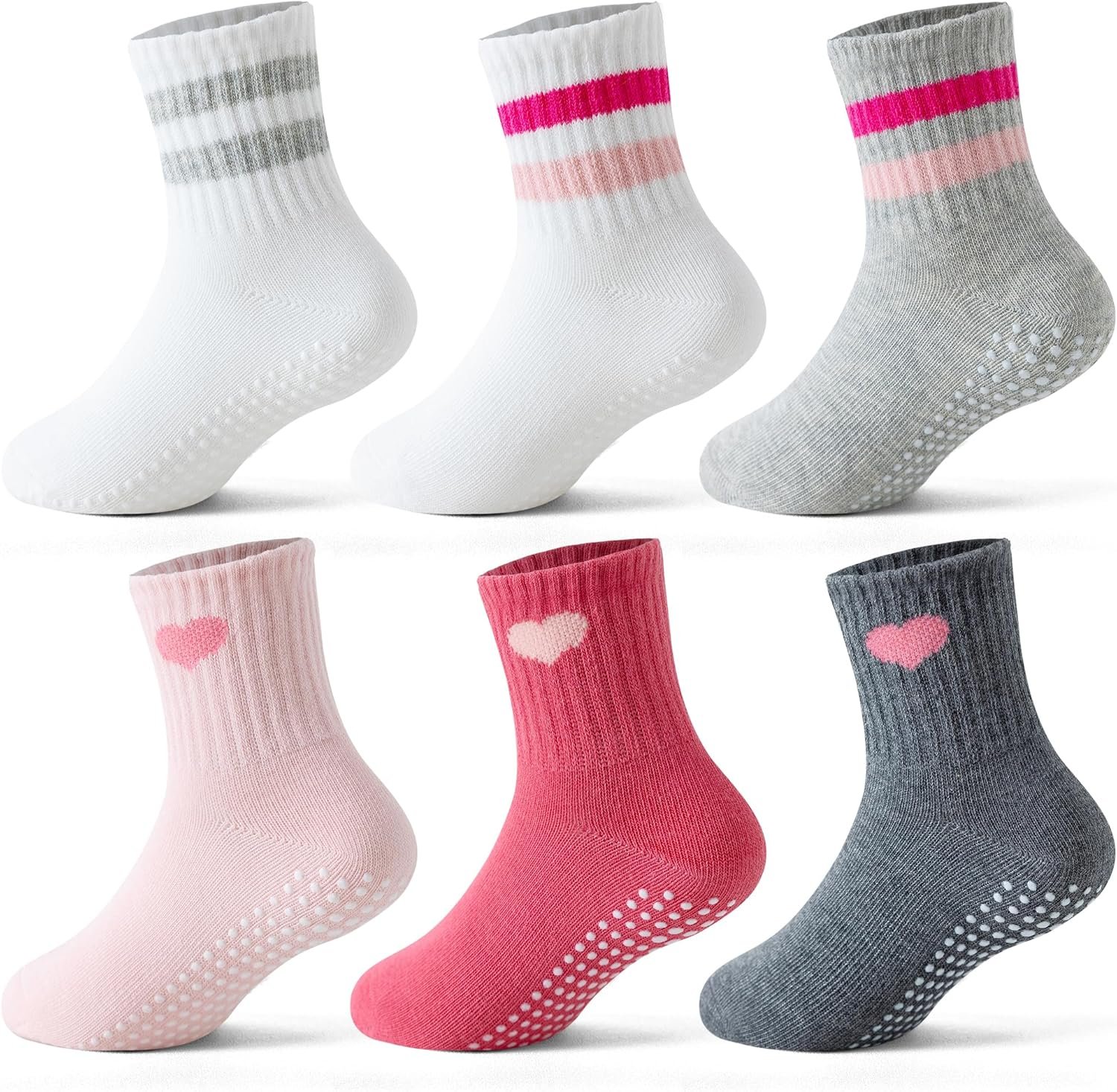 BISOUSOX Toddler Socks with Grips, Seamless Cotton Non-Slip Crew Baby Boy Girl Grippy Socks for 0-5T Walking, Crawling