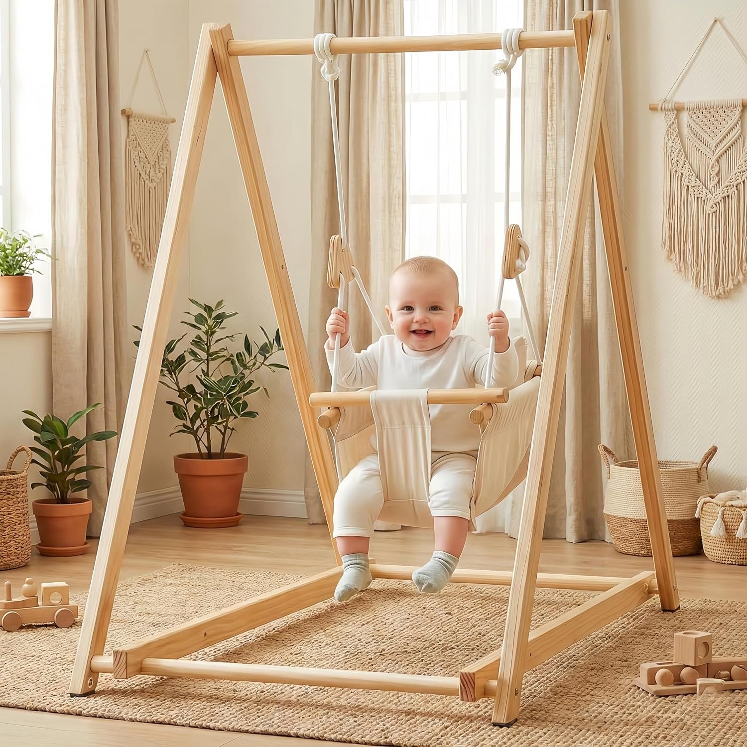 Baby Swing for Infants to Toddler – Canvas Indoor Outdoor Hanging Swing Seat with Safety Belt & Soft Cushion – Durable Wooden Hammock Chair for Nursery, Patio, Tree – Ideal